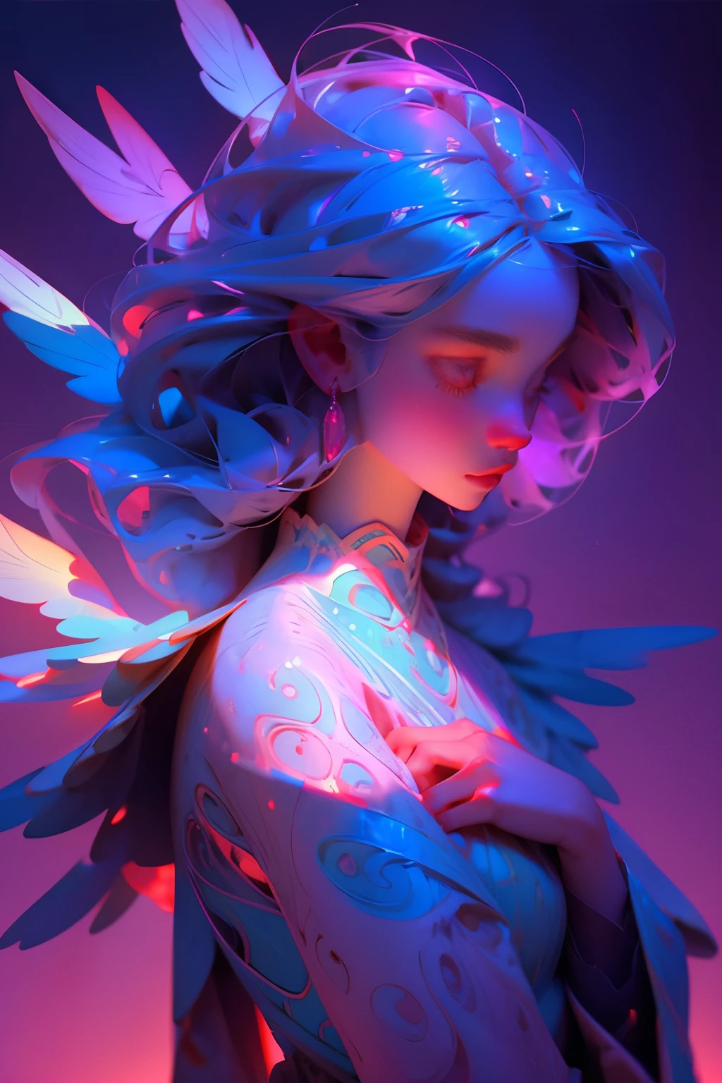 Digital masterpiece in best quality, showcasing an ethereal scene of a celestial being with vast blue wings and a radiant halo. The creature, with a beauty face and serene vibe, is gently cradling a slumbering  in its arms, exuding a sense of tranquility and protection. The feathers on its wings are intricately detailed, shimmering with iridescent colors and delicate patterns, while its eyes hold a wise and compassionate gaze. The scene is set against a backdrop of twilight skies, with a gradual transition from deep blues to purples and pinks, creating a somber yet enchanting atmosphere. Radiant light eman