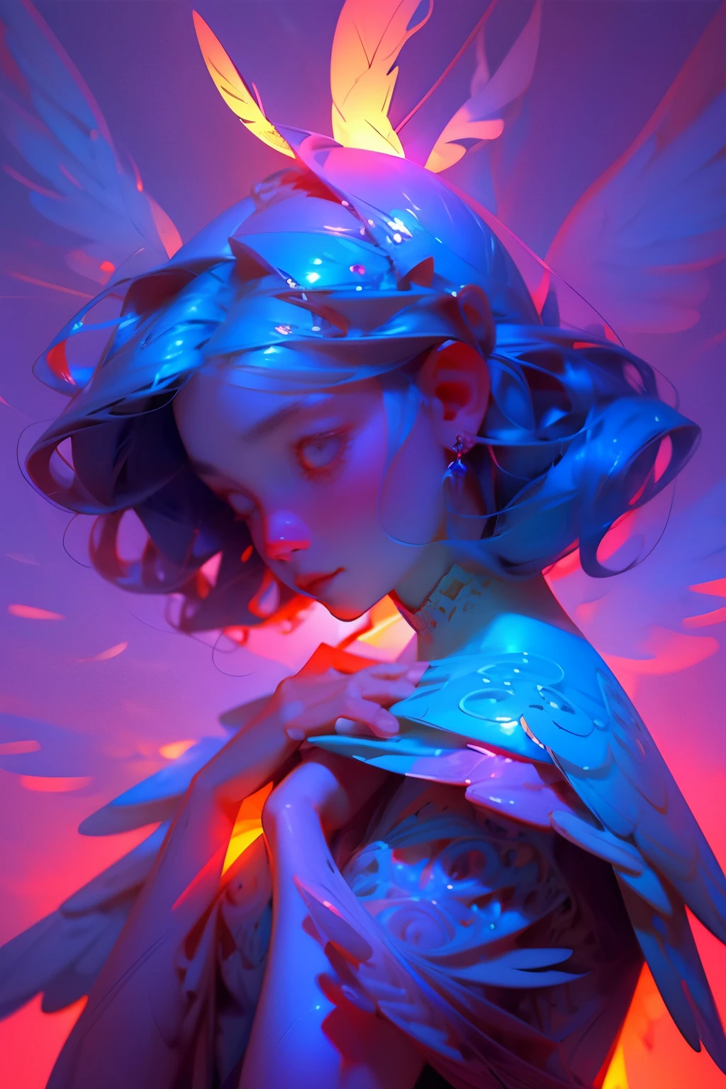 Digital masterpiece in best quality, showcasing an ethereal scene of a celestial being with vast blue wings and a radiant halo. The creature, with a beauty face and serene vibe, is gently cradling a slumbering in its arms, exuding a sense of tranquility and protection. The feathers on its wings are intricately detailed, shimmering with iridescent colors and delicate patterns, while its eyes hold a wise and compassionate gaze. The scene is set against a backdrop of twilight skies, with a gradual transition from deep blues to purples and pinks, creating a somber yet enchanting atmosphere. Radiant light eman