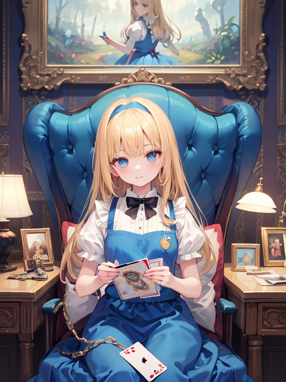 masterpiece, highest quality, Very detailed, 16k, Ultra-high resolution, Fantasy、((Alice in Wonderland))、1 female, 12 years old、blonde、Long Hair、Blue colored eyes、Blue Apron Dress、trump card'soldier、rabbit with a clock、Red Rose、White Rose、Stand in front of the house