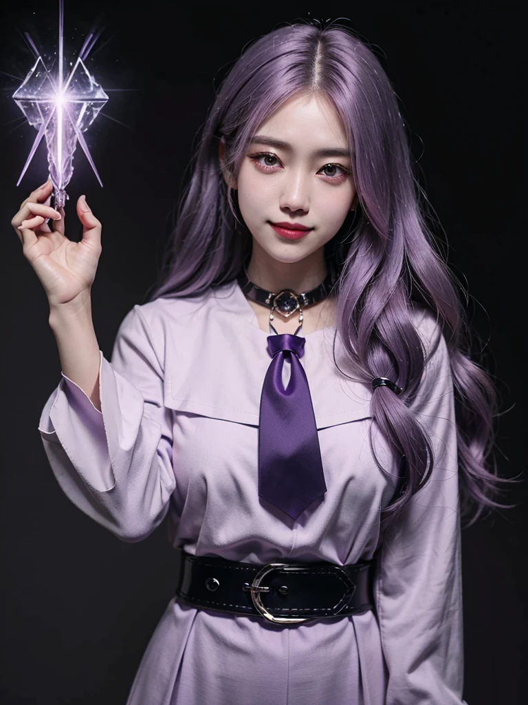 1girl, long lilac hair,purple shirt, Collar,long sleeve,peasant sleeve, black  pant,long tie,belt,smile,slanted eyes,Korean girl,purple crystal power,clear white background,standing, fantasy,the power crystal,lightning power,power of thunder