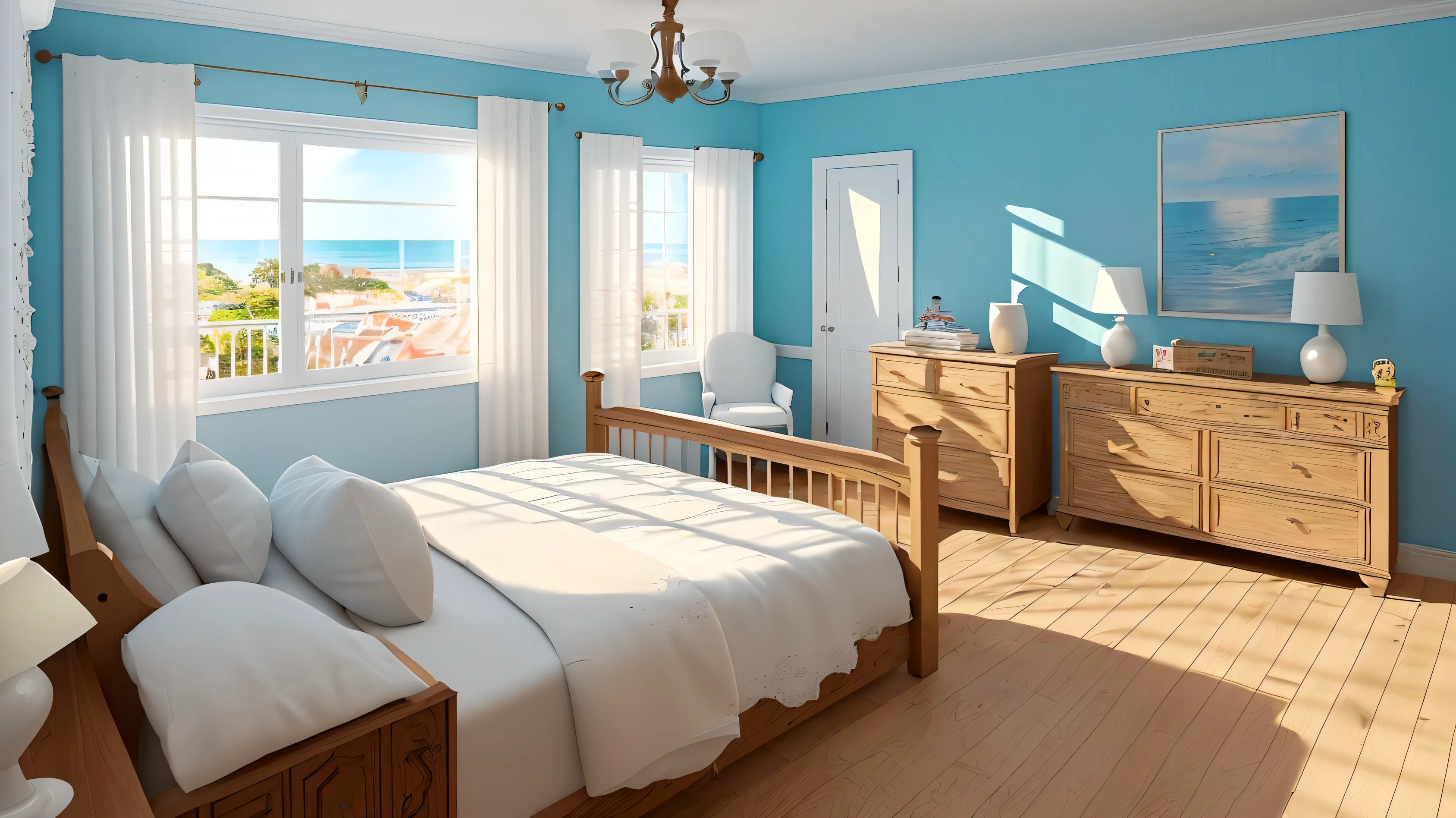 Create a detailed description of a European-style bedroom for a typical family home, including: * White curtains * Wood deck * White wallpaper * Toys * Extremely precise and very detailed drawing * Resolution: 16k * Beautifully rendered ocean poster * Morning sun * Sunlight Please provide a written description of the scene that meets the above specifications.