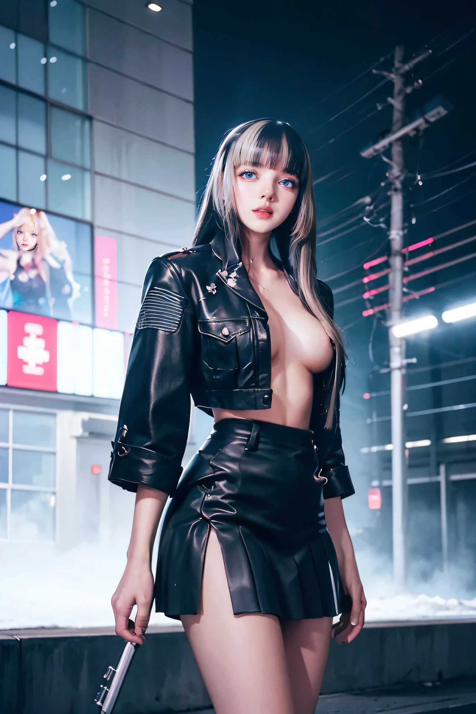 (((NSFW0.7)))，Better Quality, Realist, Award-Winning Illustration, (Intricate details: 1.2), (Fine Detail), (Intricate details), (Cininatic Lights, Better Quality Backlight), Crisp Lines, Sharp focus, Official Art, unity wallpaper 8k, Absurd, unbelievably Absurd, Huge file sizes, Ultra- (in_main_two:1.21), (Neon lamp), Fantasy art, RTX,((triangle closeup photo by award winning studio )), 1 girl, so beautiful, (run away), small , ((two da cidade cyberpunk, Valkyrie)), Perfect hands, Beautiful and fine details, Perfect Face, (Cyberpunk Blouse, leather jacket, Martin boots) ,((Pleated skirt) ), ((Supermodel posture)),((Big Breasts)),(See through)