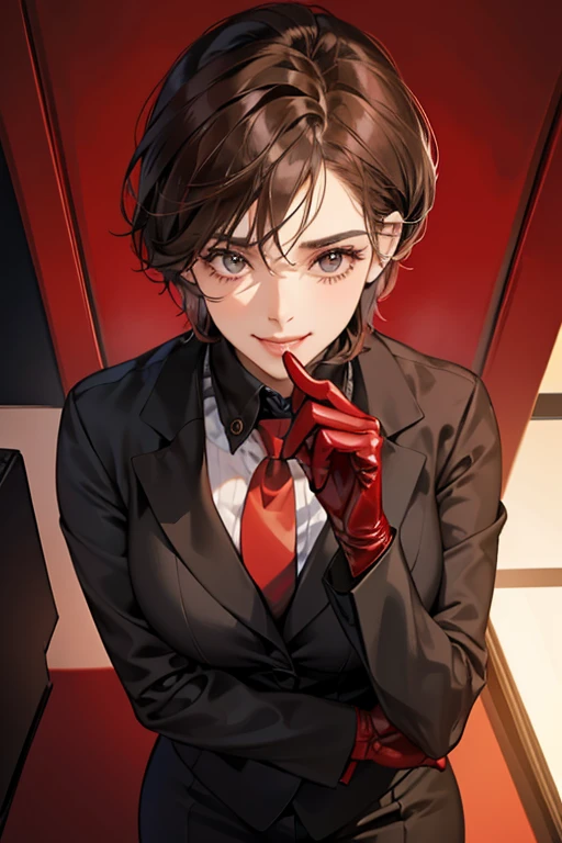 A mature woman with short brown hair, wearing a black suit with red patent leather gloves in an office, is holding a penis in her tie and looking down coldly with a smile
