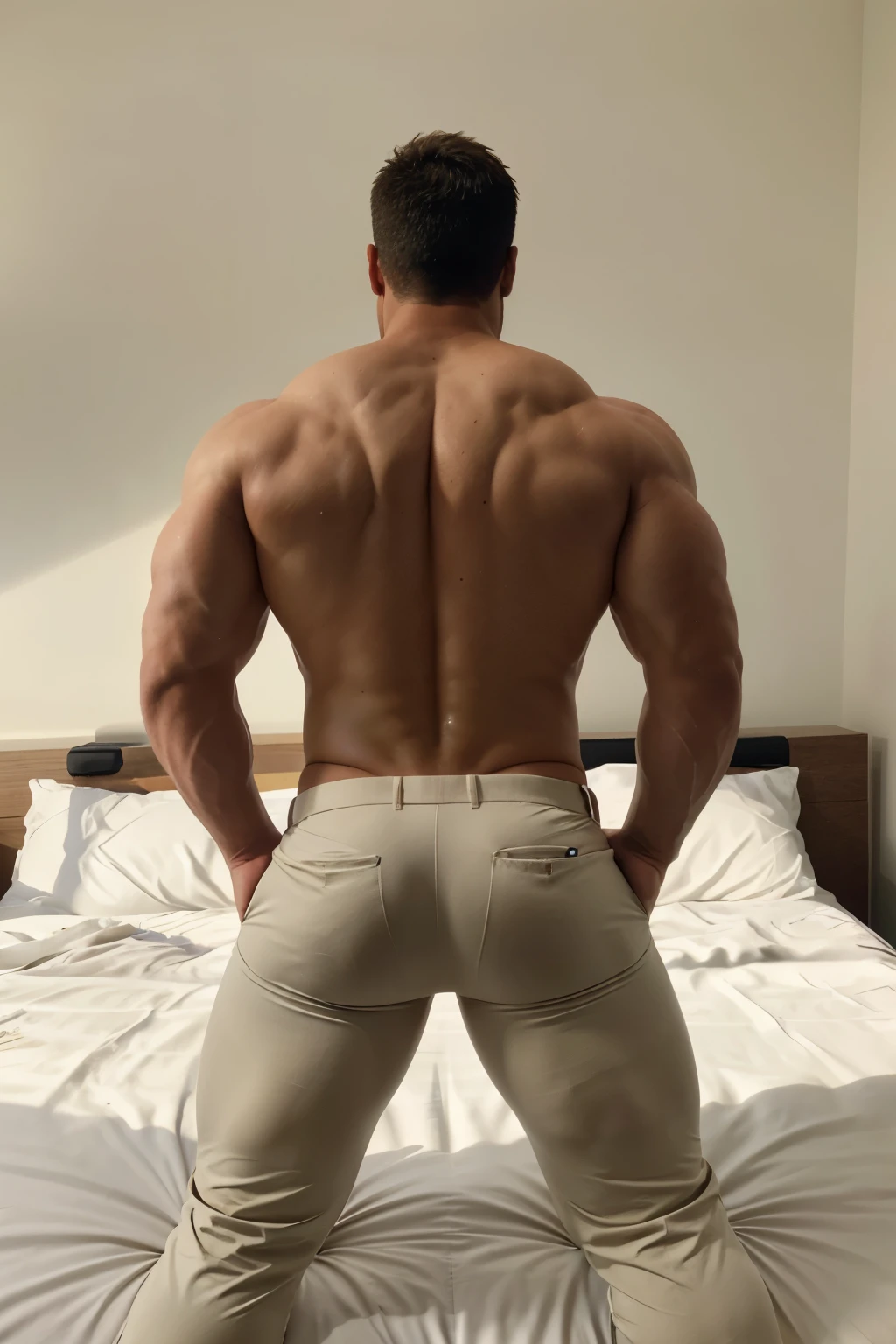 Draw a full-fledged athlete, big muscular body,  on the bed，full body, He wears thight cream formal trousers，The man looks confident and determined，rays of sunshine，cheerful big breasts，Handsome，Crew cut，full bodyesbian (((backside))) 