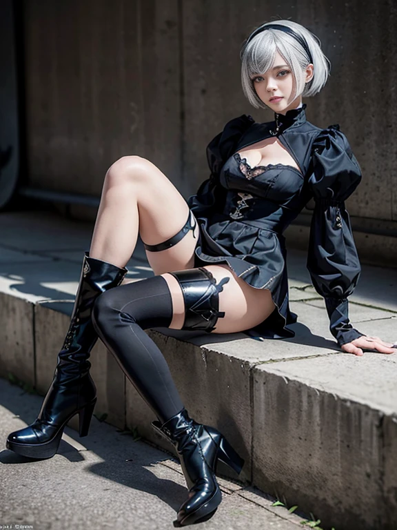 8K,Masterpiece,One woman,skirt lift,Panty Shot,japanese sword,smile,30 years old,blue eyes,White Hair,Short Bob Hair,(Gothic ta),Dutch beauty,Ella Freya(Ella Freya),(White panties),2b, short hair, Knee socks, gloves, Long sleeve, dress, Slender figure, Cleavage, Small breasts, Gray Hair, Black hair band, boots, Puffy sleeves, black Knee socks, Black footwear, Mole, black dress, High heels, leotard, Clothing cutouts, thight boots, Cleavage cutout, Black Hairband, Juliet Sleeve, high heel boots,