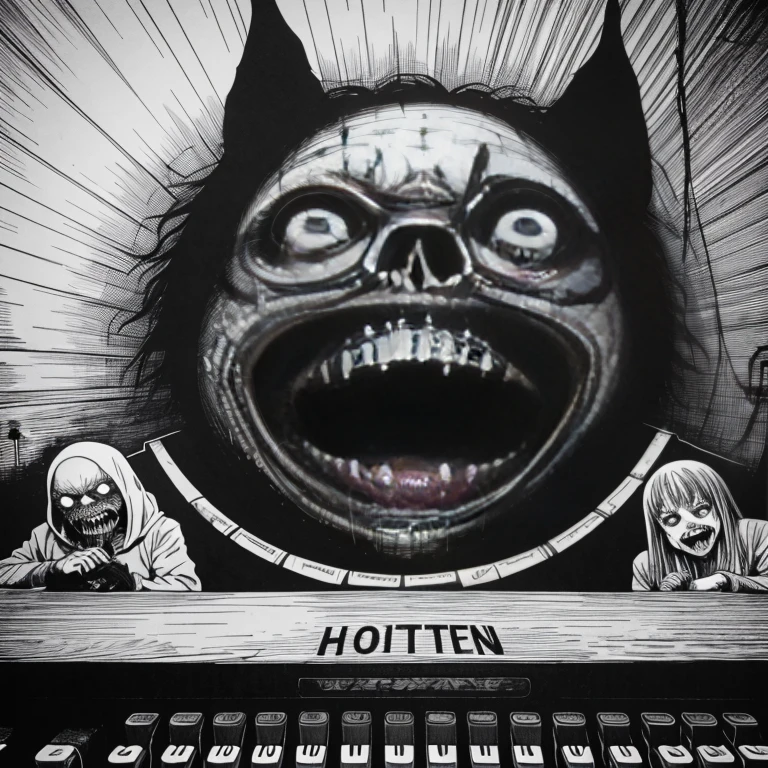 an horror writer with a sinister grin, on a typewriter, art by gustave dore, by h.r. giger, by junji ito