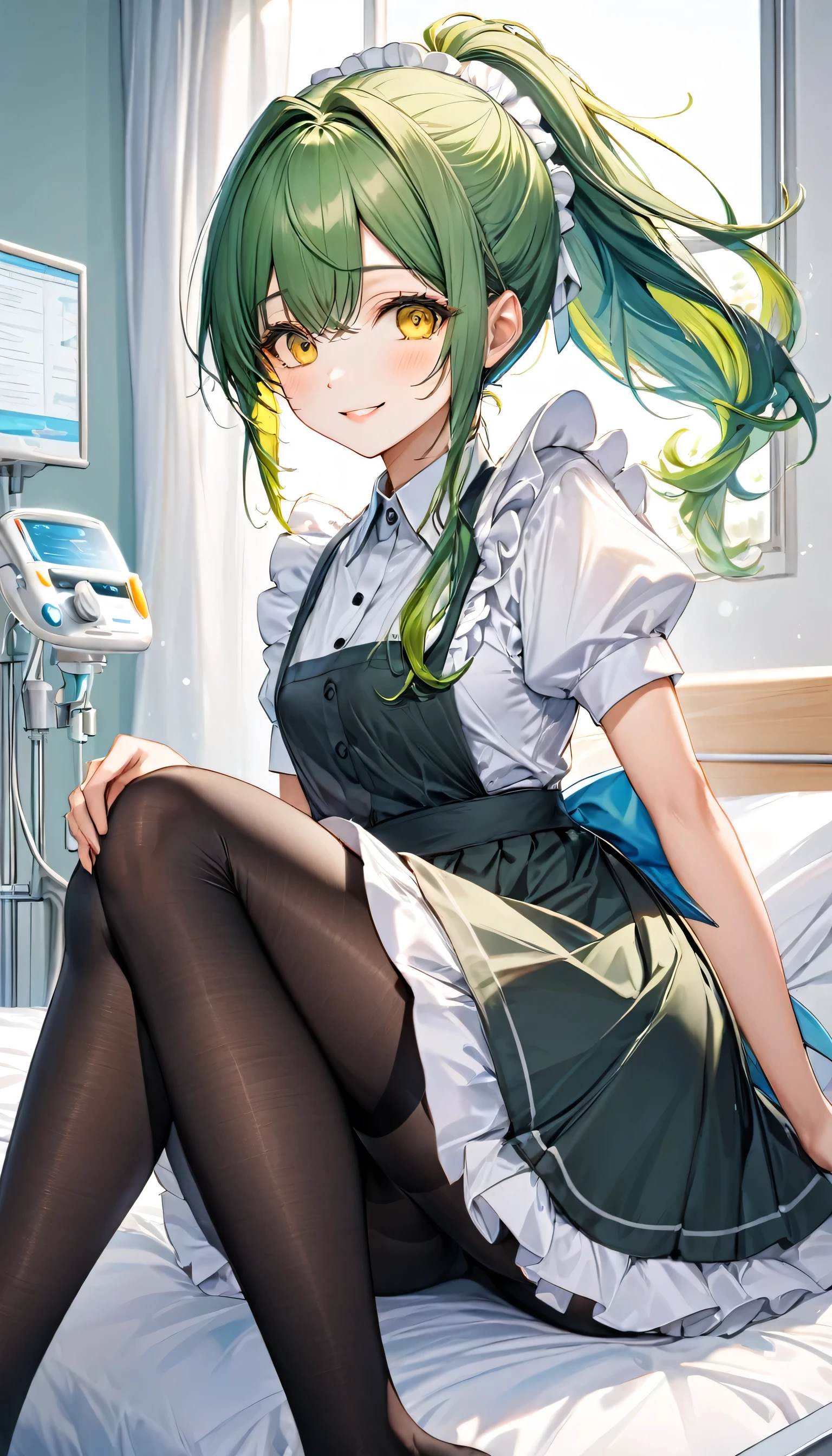 (visit style) (solo ponytail green hair long hair lovely girl, lovely yellow eyes, love smile, 15 yo), (in a summer cute maid clothes, skirt, detailed black tights), BREAK, (in the hospital bedroom), ((focus leg)), perfect anatomy, masterpiece, best quality, 16k, beautiful detailed grow, daydreaming expression.