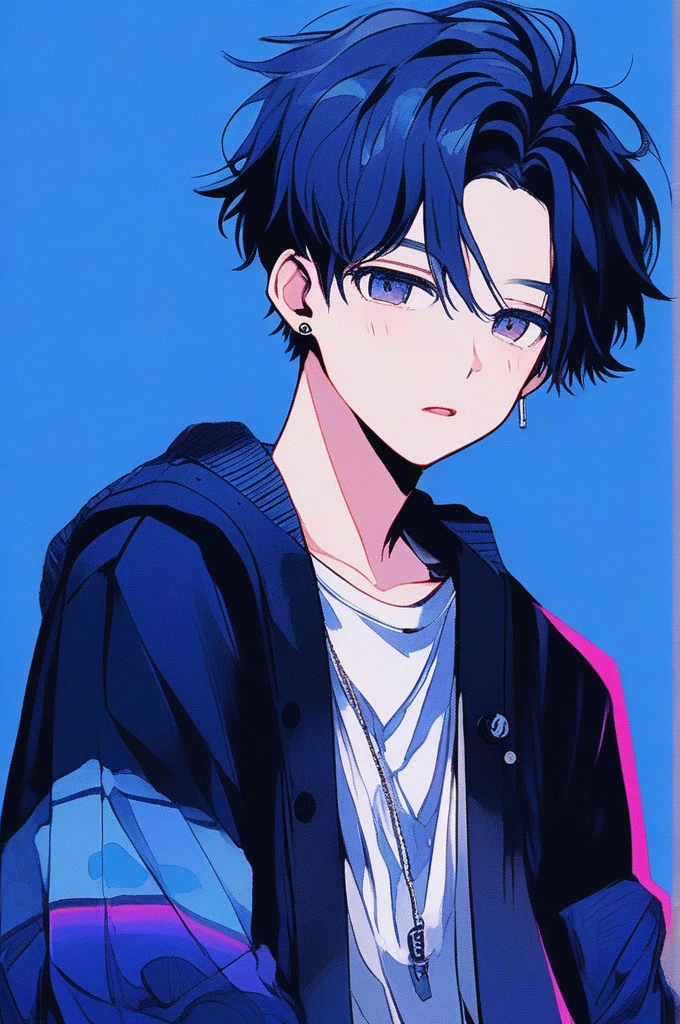 illustrator, anime , realistic ,sketch , 1boy, cute, black hair, cute boy,lip,shirt, cardigan,order, navy gradient background, neon hair,Textured trim, Canadian, (masterpiece,Best quality)