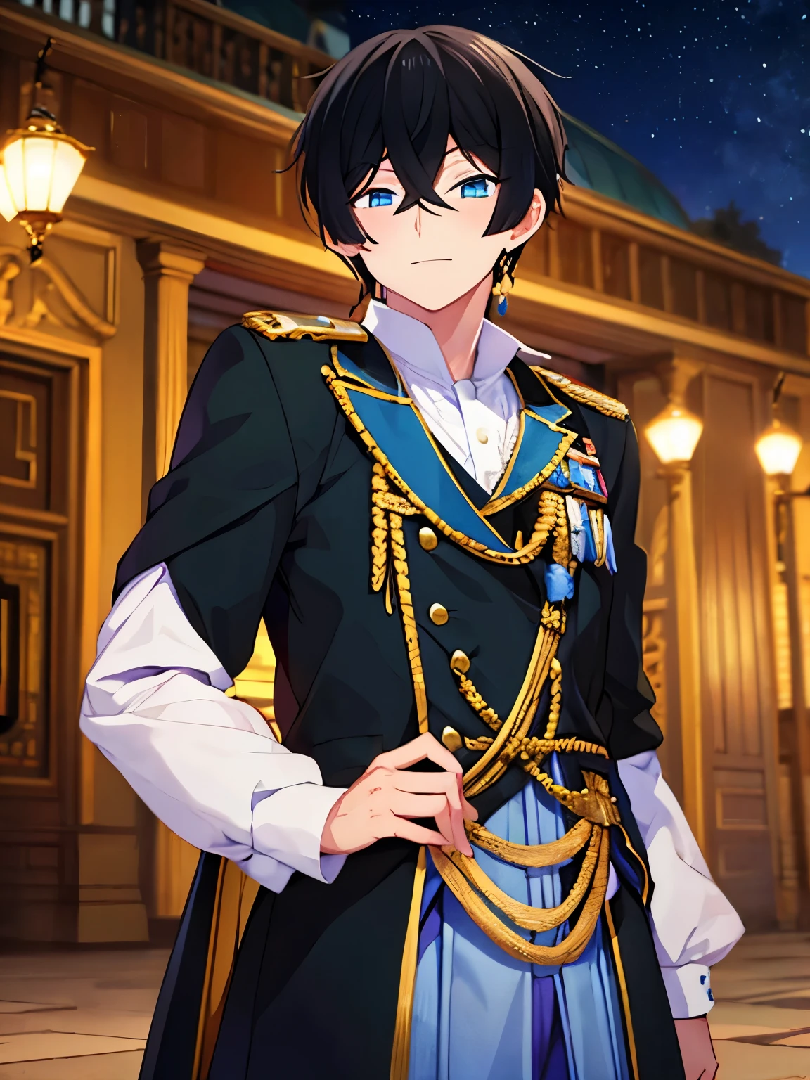 1boy,Royal uniform, close up photo,standing in park,at night