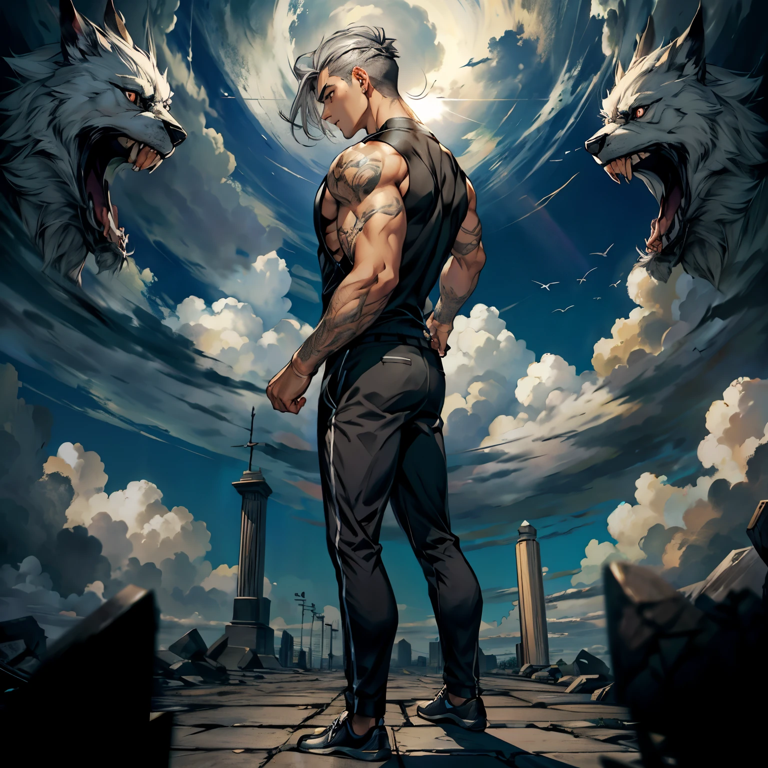 1boys, Full body, Serious face, brown eyes, ((gray hair)), medium length hair, wearing black sleeveless shirt, black tracksuit pants, black hair, levitate on sky, blue sky, cloud, side back view