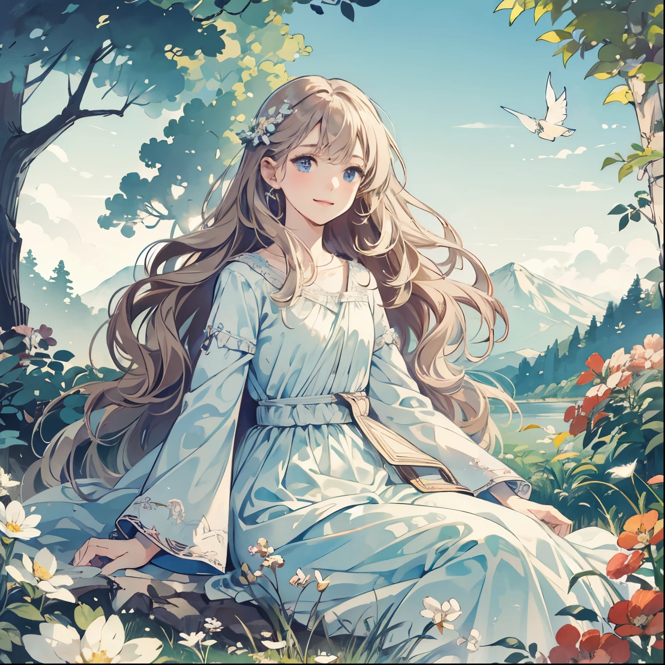 (best quality,4k,8k,highres,masterpiece:1.2),extremely detailed anatomy,watercolor:1.5,low angle composition,distant shot,1  woman long wavy hair,beautiful smile,pure white fairy costume,purity,charm,gazing at blue sky,flowers and leaves,botanical art