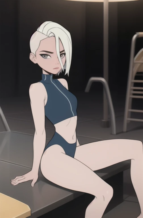 (dark theme:0.6), glucose as a lifesaver, 1 Girl, mature face, One, short hair, in a black sleeveless one-piece swimsuit,  sexuality, Sexy long legs, spread legs, High growth, is sitting, Sun, wound, beach, pool, surfboard 1.2), White hair, pomade, decrease,  I look at the viewer, grey eyes, Sharp image, crop top, (HDR:1.22), Muted colors, complex background, Hyper detailed, art [[Jordan Grimmer]], 