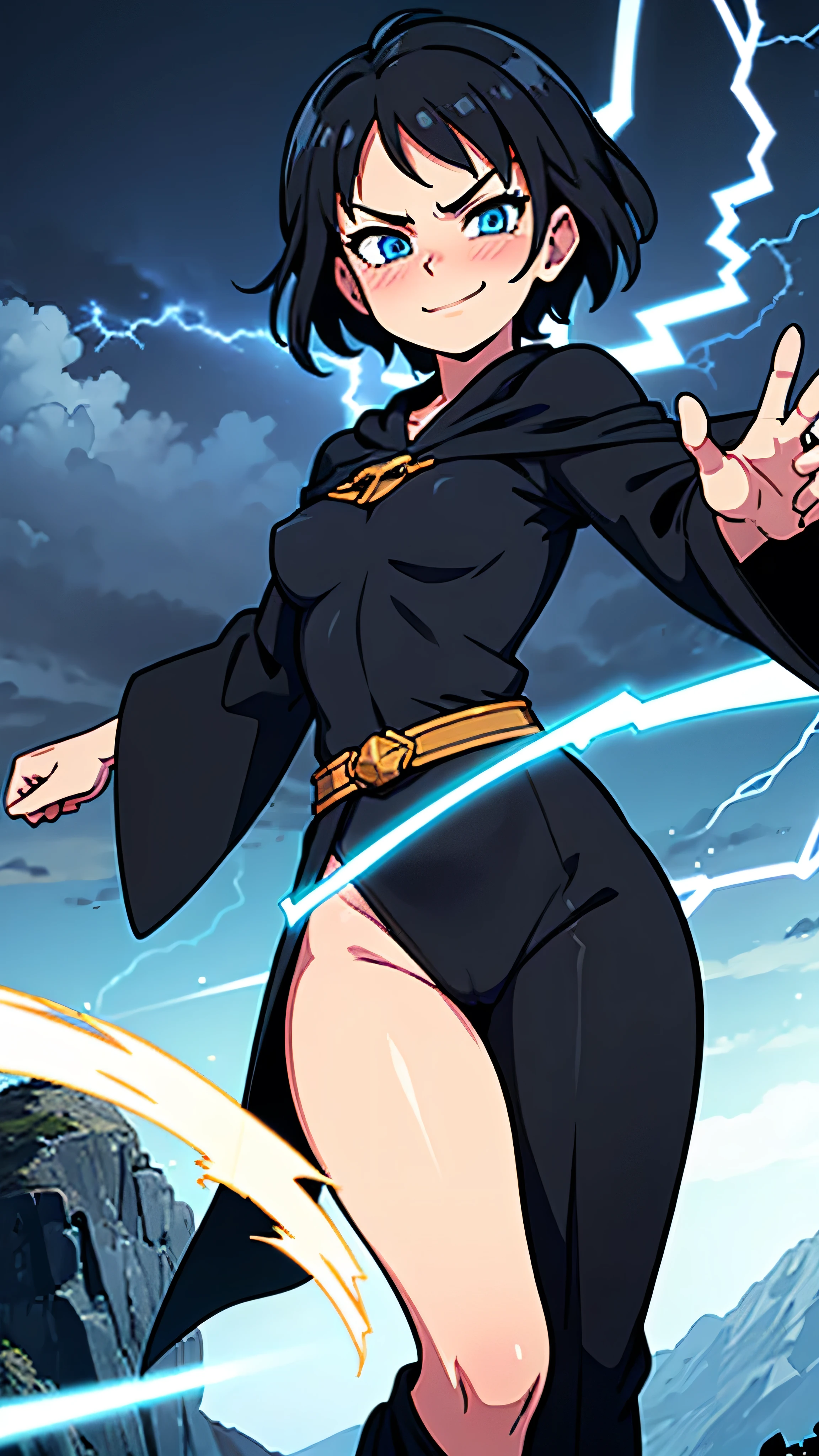 highly detailed, masterpiece, best quality, correct hands, small breasts, short black hair, blue eyes, black robes, black pants, no shirt, defined curves, smug smile, blushing, mountain background, storm, lightning, floating, stormy atmosphere, surrounded by lightning, flying, off the ground