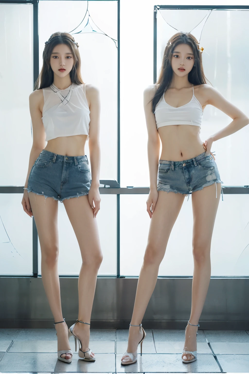 (8k、Raw photo、最high quality、masterpiece:1.5),((((Both of them stand with their legs apart:1.5)))),(((Both of them have an inseam that is more than half their height.:1.5))),((Both have bare legs)),((Both of them are extremely slim:1.2)),((((Both girls look exactly like K-pop star Wonyoung:1.8)))),((Both of them have very long, slender legs.:1.5)),((Both are 173cm tall:1.3)),((The two have perfect supermodel style: 1.2)),(((((Both of them take full body shots: 1.8))))),(((Both of you should face your whole body straight ahead.:1.5))),((Low angle shot:1.5)),Skin irregularities are reproduced in minute detail:1.5 Super thin waist: 1.2, Thin buttocks,Open the navel,完璧なSuper thin thighs: 1.2),(((Both of them have amazingly slim figures.))),((Both of them are wearing distressed denim micro .:1.5)),((Both are 18 years old)),(Both of them have perfectly erect nipples.:1.5), (((Both of them are extremely exposed.:1.5))),(No bra:1.5),(((Both of their nipples are high and erect, perfectly visible through the glass.:1.5))),Highly detailed face and skin texture,Symmetrical face, Beautiful Eyes, Beautiful Face,balanced eyes, Fair Asian Skin, Ultra-Realistic Details, Natural Shadows,(Very small hips),Large firm breasts, Super long thighs,(Super thin thighs),(Super slim calves),((Small Ass)),Super muscular body,Super toned waist,More emphasis on the abdominal muscles,((Both of them have super-strong abs;1.5)),Super thin waist,((White high heels:1.3)),lengthen limbs,(Photographed 25cm above the ground:1.5),(((Standing on the sidewalk in front of a stylish upscale restaurant:1.5))),(Both of them are wearing short, see-through white mini camisoles.:1.3), (((Wide open abdomen:1.3))),Hands on hips,Both of them face forward,Super long arms,Thin hands,(Long black hair),((Both of them stand up straight.)),(Keep your hips facing forward),Both of them are beautiful with 8-head body proportions.,Very thin ankles,The arms are very slender and muscular,The legs are super slender and muscular,Make your arms thinner,Super slim and muscular legs,Both of them have super long legs.,The middle of the thighs are very thin,Super muscular and extremely slim calves,Super muscular and slim thighs,Very tight waist,(Both of them have an inseam that is more than half their height.の美脚:1.5),Extremely thin thighs,Fine skin,Firm skin,(((Both of them should fit from the top of their heads to the toes of their heels.:1.5))),(((Both have beautiful legs:1.2))),Both of them have super slim and muscular legs.,((Sunny afternoon:1.3)),Midsummer:1.5,White panties visible from the crotch:1.5, Super detailed, High detail, high quality, Awards,High resolution,((Anatomically correct))