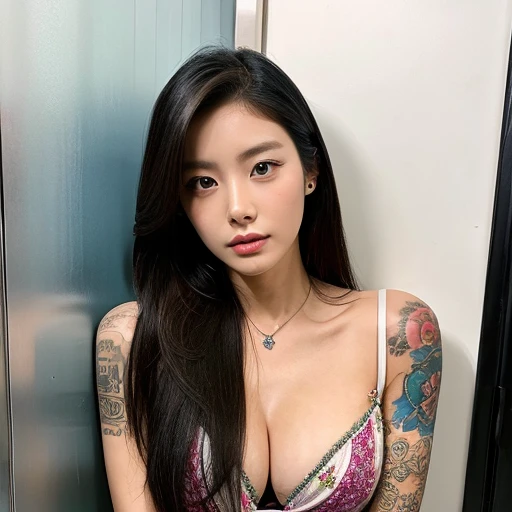 Pritty face, korean, slim, long hair, model, supermodel, visible cleavage, tattoo
