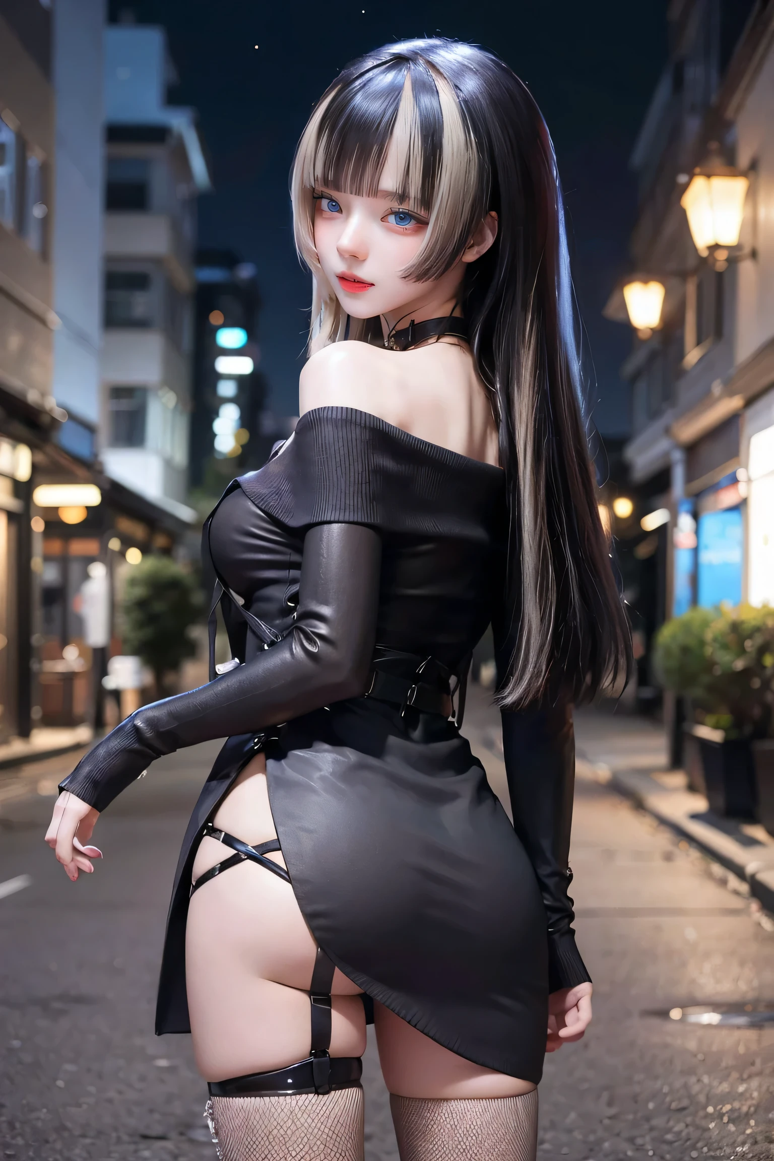 (((NSFW0.7))),(((highest quality, 8k, masterpiece))), Sharp focus, (Beautiful woman with perfect figure), thin, (Hairstyle: Excellent)), ((Back alley at night)), street: 1.2 Highly detailed face and skin texture Detailed eyes double eyelid random pose, (smile), Realistic Face, double eyelid,smile,Summer festival , At sunset , Beautiful Teeth , Thigh straps, Wear a leather jacket、Off-the-shoulder sweater、Grey vertical rib sweater dress、Fishnet tights、garter belt、Excellent black sexy underwear、Night view、