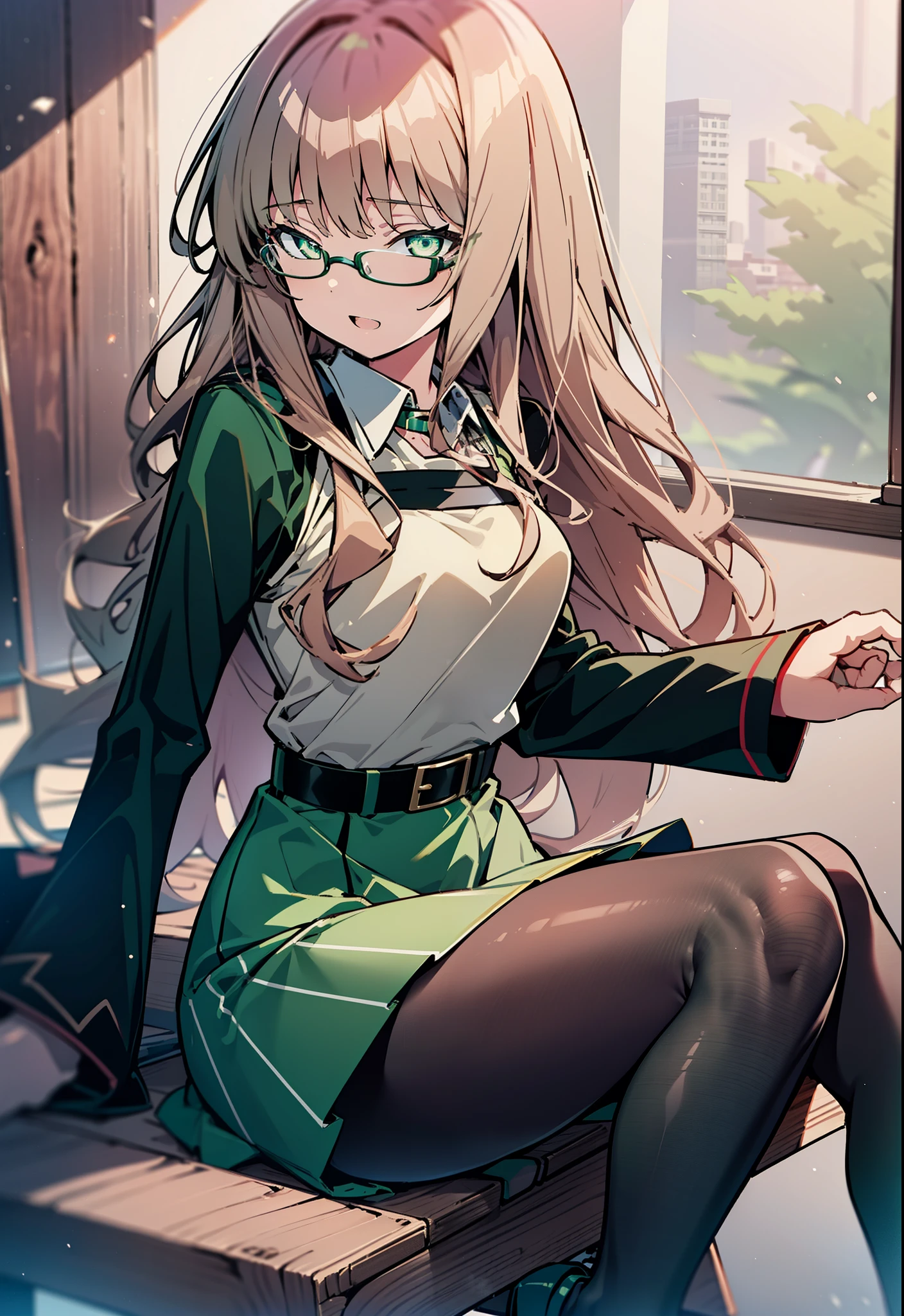 minami yume ,sss Dynazenon ,Long Hair, Brown Hair, (Green Eyes:1.5) ,Center of chest,hair band,happy smile, smile, Open your mouth, Black-rimmed glasses, Black dress,Short sleeve,Black long skirt,Stiletto heels,sitting cross-legged on a chair,Daytime,Clear skies,whole bodyがイラストに入るように,There is a computer on the table,
break looking at viewer, whole body(Cowboy Shot:1. 5)
break indoors, office,
break (masterpiece:1.2), highest quality, High resolution, unity 8k wallpaper, (shape:0.8), (Beautiful and beautiful eyes:1.6), Highly detailed face, Perfect lighting, Highly detailed CG, (Perfect hands, Perfect Anatomy),