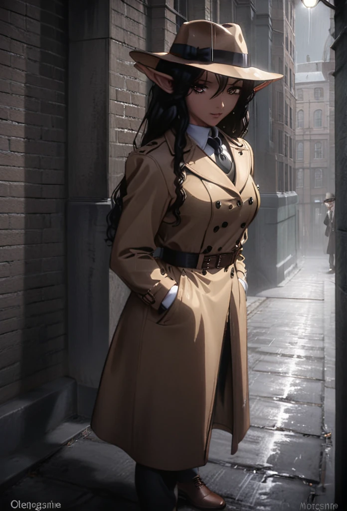 detailed illustration (side view),dynamic angle,ultra-detailed, illustration, pose for the camera, smiling at viewer, clean line art, shading, anime, 2020’s anime style, detailed eyes, detailed face, beautiful face standing on a sidewalk,

Noir Detective, trench coat, fedora hat, radio drama, pulp magazine character, long trench coat, hat, fedora hat, brown coat and matching hat, dark band on hat, 1940’s, ,Noir, beautiful woman, in a open trench coat, night, rain, brown shoulder length hair, brown eyes, hard boiled, female fatale vibes, noir, deep in thought, detective, plup magazine detective, noir vibe

Urban fantasy setting, dark elf, poited ears, elf, dark skin, tan skin,