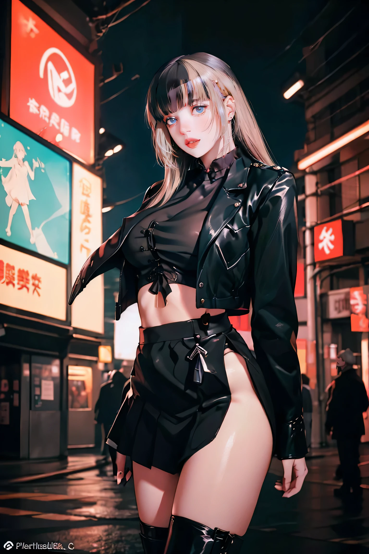 (((NSFW0.7)))，Better Quality, Realist, Award-Winning Illustration, (Intricate details: 1.2), (Fine Detail), (Intricate details), (Cininatic Lights, Better Quality Backlight), Crisp Lines, Sharp focus, Official Art, unity wallpaper 8k, Absurd, unbelievably Absurd, Huge file sizes, Ultra- (in_main_two:1.21), (Neon lamp), Fantasy art, RTX,((triangle closeup photo by award winning studio )), 1 girl, so beautiful, (run away), small , ((two da cidade cyberpunk, Valkyrie)), Perfect hands, Beautiful and fine details, Perfect Face, (Cyberpunk Blouse, leather jacket, Martin boots) ,((Pleated skirt) ), ((Supermodel posture)),((Big Breasts)),(See through)