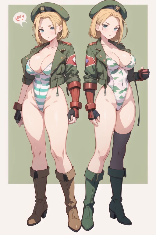 Busty big Cammy has a matching hat and long boots too, and retaining his characteristic combat gauntlets. She appears to be at least still wearing her thong leotard under her jacket, while his legs are still painted with camouflage stripes.