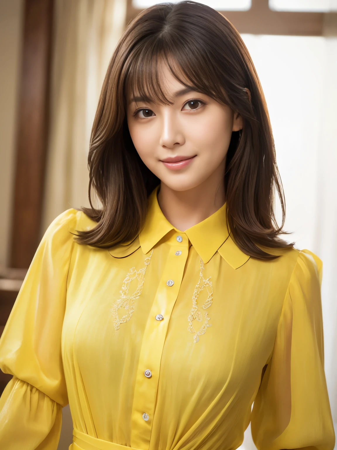 (Raw photo), (Photo realistic), (masterpiece), (highest quality), High resolution, 8K resolution, (Intricate details), (Volumetric Light), Portraiture, woman, Age 35, Medium Hair, Straight Hair, Layered Hair, Brown haired, Highly detailed eyes, Source Order, Very fine eyebrows, Highly detailed skin, Highly detailed mouth, Highly detailed nose, Cute like an idol, Smile, ((Thick lips)), ((Look at the viewers)), (See-through yellow collared dress shirt), Large Breasts, (Bodies facing random directions),
