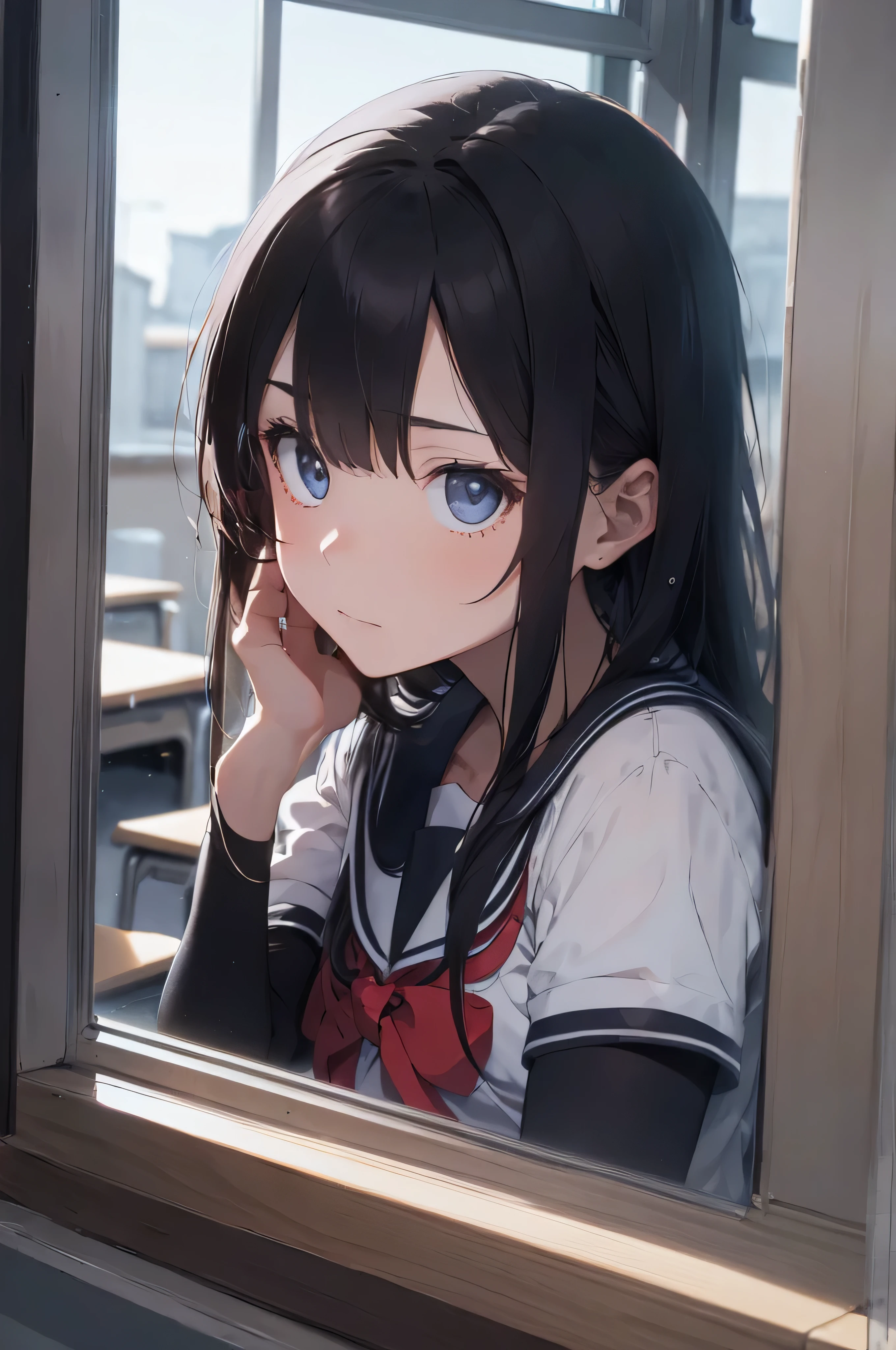 1 girl, solo, ((looking out the window)), (arms on window frame), (((nighttime, dark, midnight, black sky, dark sky, inside classroom))), (((worried, anxious, scared))), ((tight clothing, short sleeve, small sleeves, sailor uniform, tight clohing)), arms on window frame, long hair, dark hair, beautiful eyes, perfect body, perfect face, detailed face, detailed eyes, (from outside window:1.5), image taken from afar