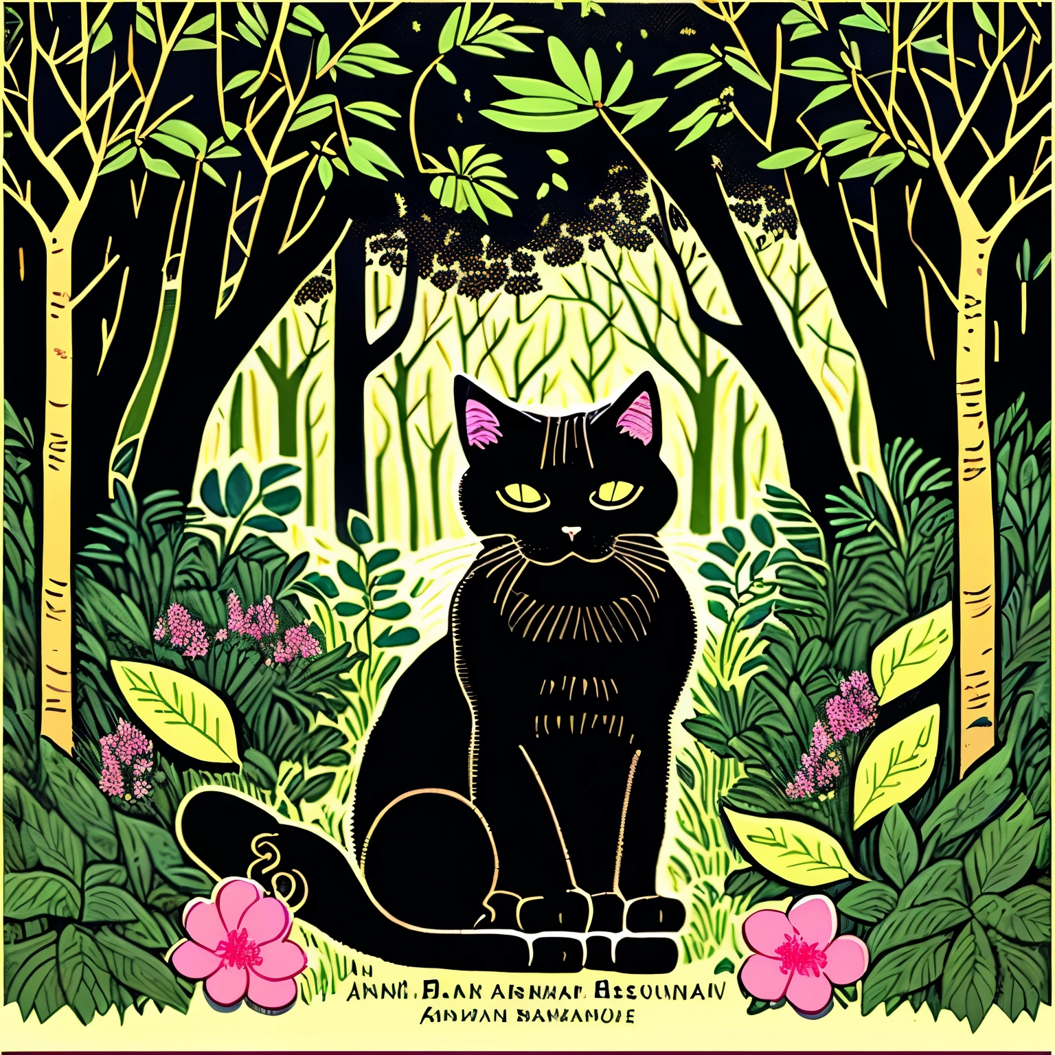 there is a black cat that is sitting in the bushes, cat in the forest, by André Beauneveu, by Ni Tian, beautiful illustration, by Yang J, jen bartel, by Eizan Kikukawa, 🌺 cgsociety, by Zofia Stryjenska, by Ni Duan, by Andrée Ruellan, by Jean Hélion