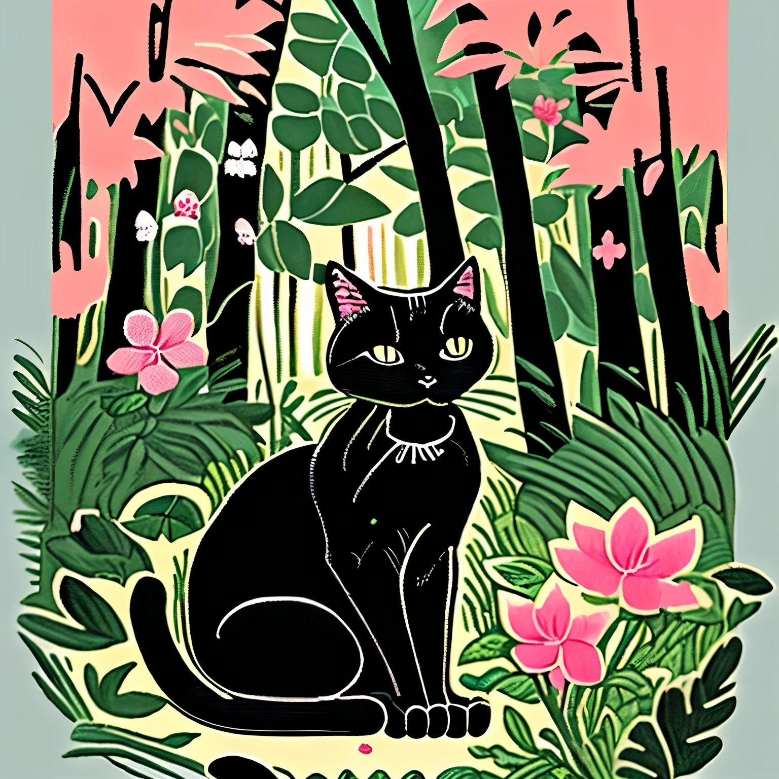 there is a black cat that is sitting in the bushes, cat in the forest, by André Beauneveu, by Ni Tian, beautiful illustration, by Yang J, jen bartel, by Eizan Kikukawa, 🌺 cgsociety, by Zofia Stryjenska, by Ni Duan, by Andrée Ruellan, by Jean Hélion
