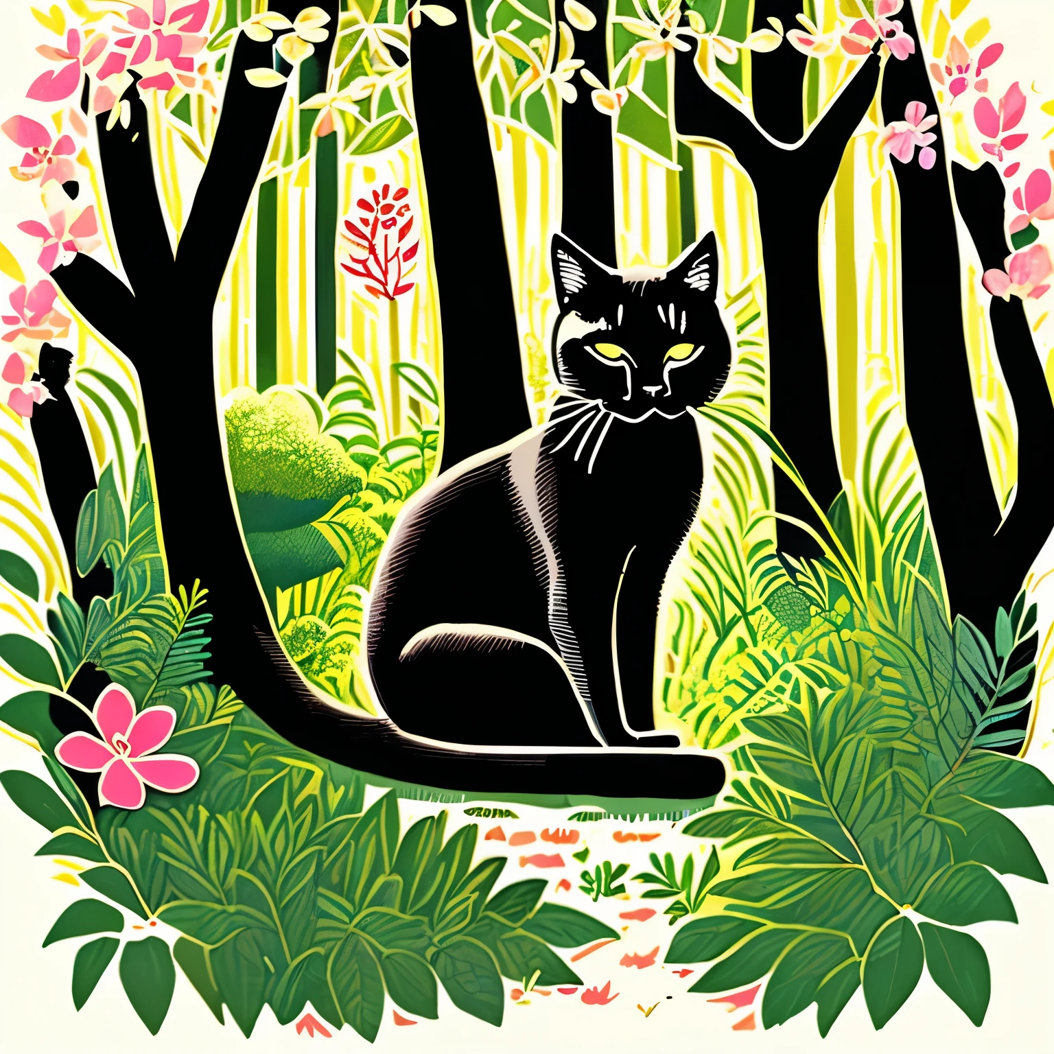 there is a black cat that is sitting in the bushes, cat in the forest, by André Beauneveu, by Ni Tian, beautiful illustration, by Yang J, jen bartel, by Eizan Kikukawa, 🌺 cgsociety, by Zofia Stryjenska, by Ni Duan, by Andrée Ruellan, by Jean Hélion