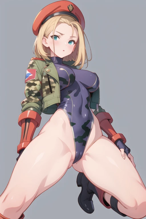 Busty big Cammy has a matching hat and long boots too, and retaining his characteristic combat gauntlets. She appears to be at least still wearing her thong leotard under her jacket, while his legs are still painted with camouflage stripes.