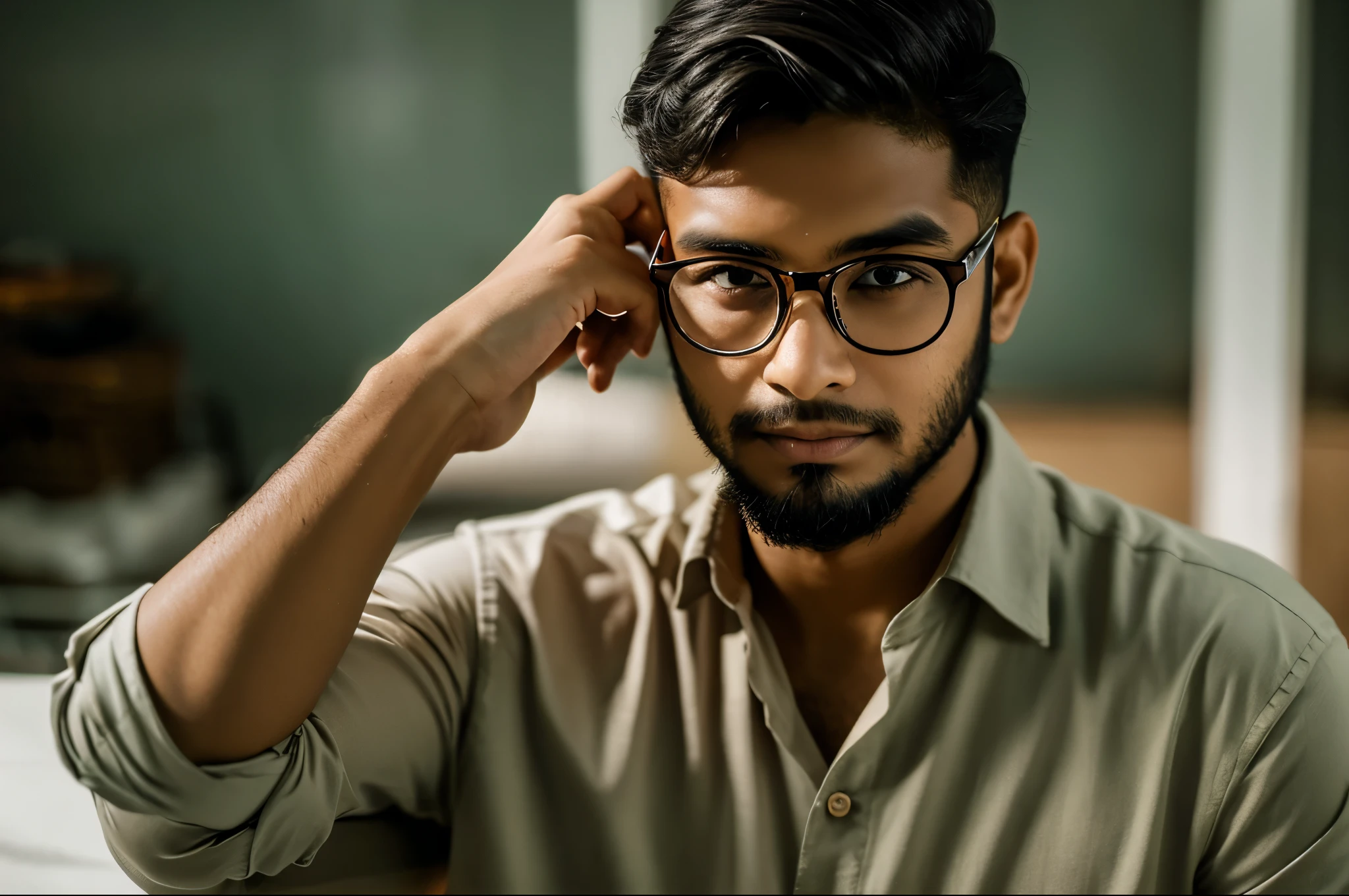 Photorealistic, Um belo Bangladesh, a 21 year old man wearing glasses, camisa, Cara gordinha,sem barba no rosto,detalhes detalhados do rosto, corte de cabelo espetado, panjabi preto,
