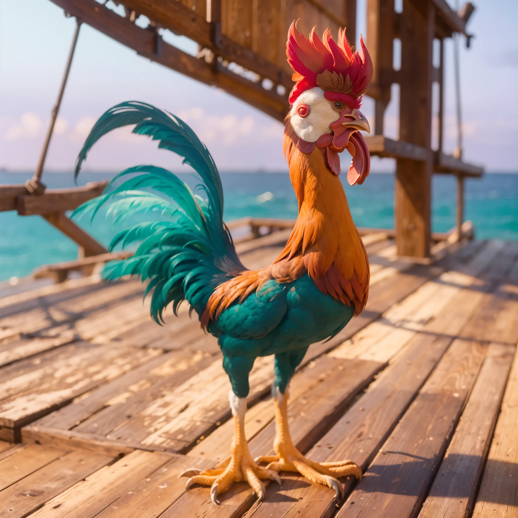 there is a rooster that is standing on a wooden dock, (highly detailed face:1.4) (smile:0.7) (background inside dark, moody, private study:1.3) POV, by lee jeffries, nikon d850, film stock photograph ,4 kodak portra 400 ,camera f1.6 lens ,rich colors ,hyper realistic ,lifelike texture, dramatic lighting , cinestill 800
