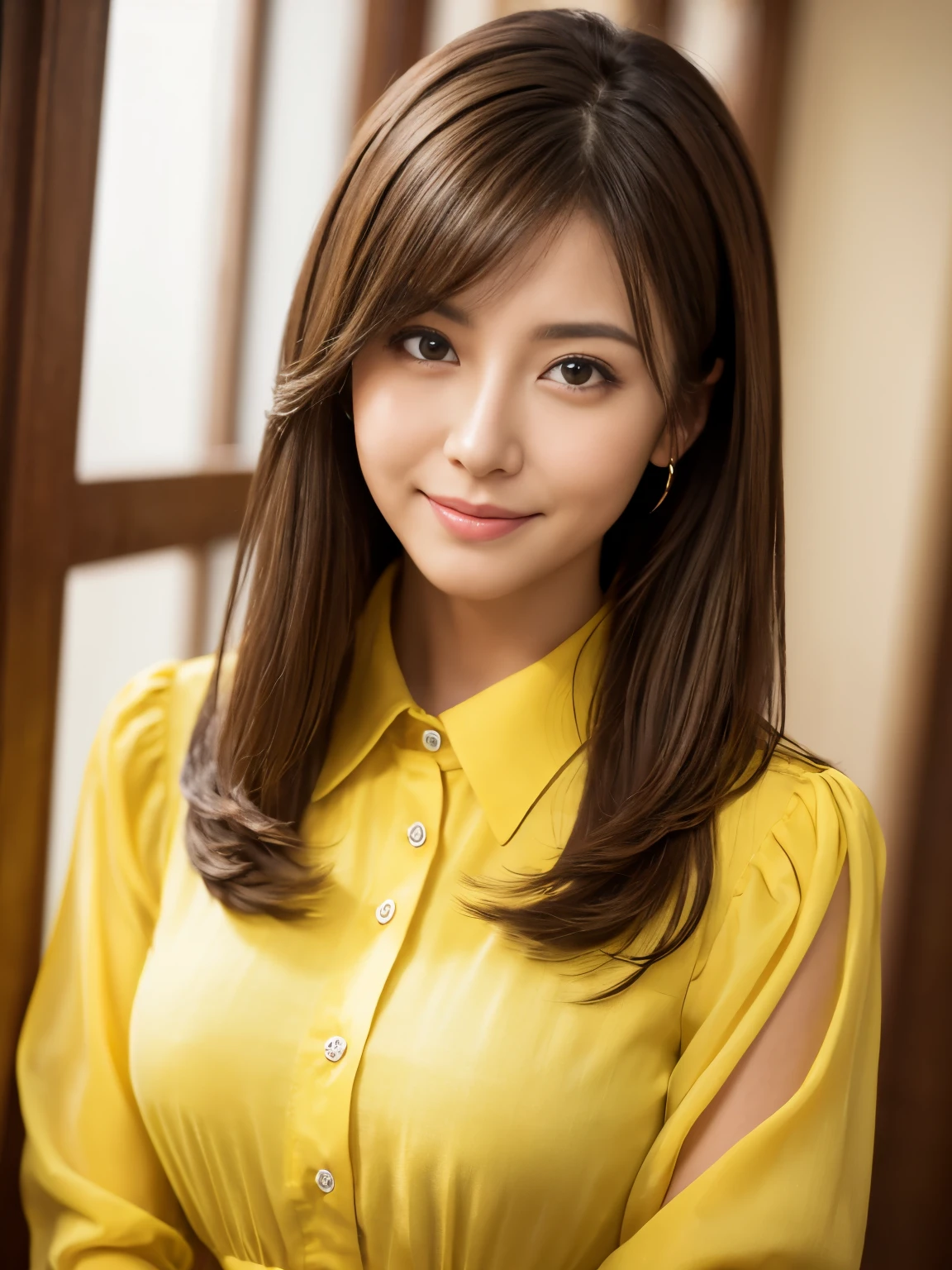(Raw photo), (Photo realistic), (masterpiece), (highest quality), High resolution, 8K resolution, (Intricate details), (Volumetric Light), Portraiture, woman, Age 35, Medium Hair, Straight Hair, Layered Hair, Brown haired, Highly detailed eyes, Source Order, Very fine eyebrows, Highly detailed skin, Highly detailed mouth, Highly detailed nose, Cute like an idol, Smile, ((Thick lips)), ((Look at the viewers)), (See-through yellow collared dress shirt), Large Breasts, (Bodies facing random directions),