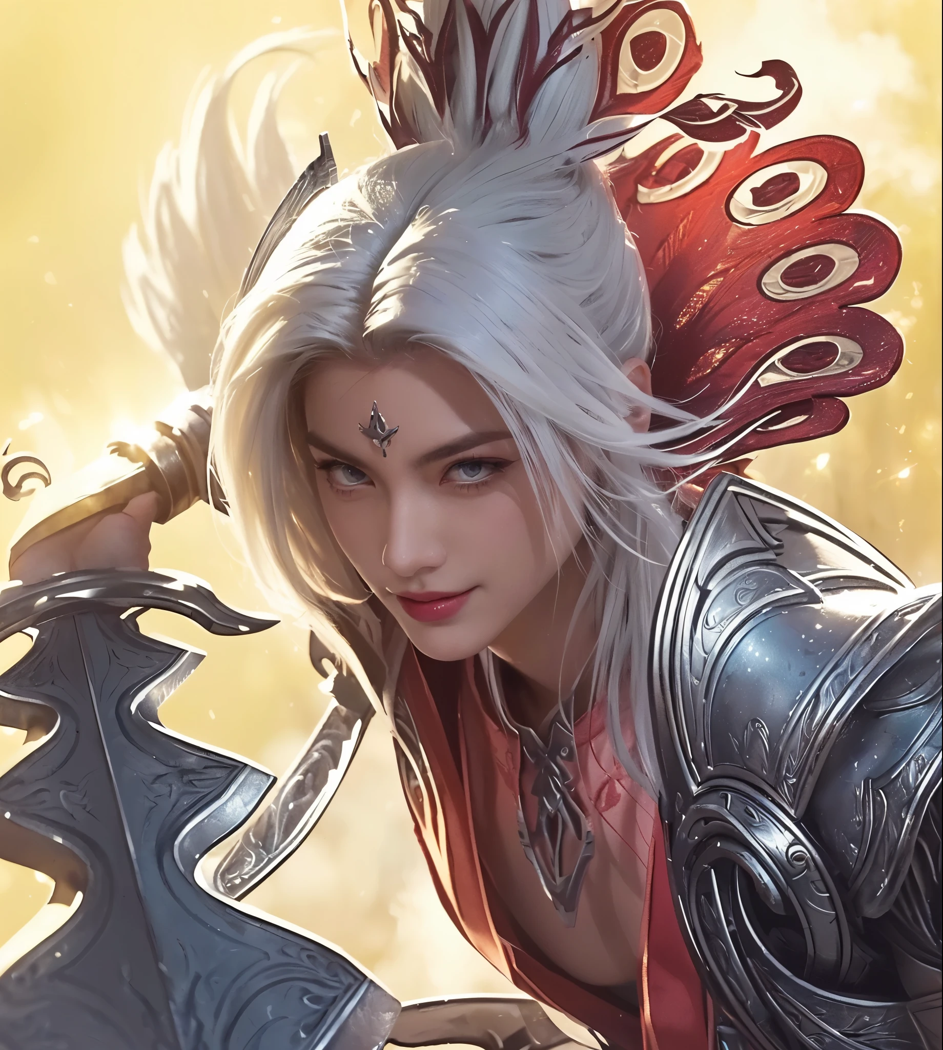 a close up of a man with a sword and white hair, phoenix warrior, handsome, looking at the audience, intricate detailed portrait, dramatic lighting, highly detailed fantasy character, realistic digital painting, cinematic composition, glowing phoenix energy, powerful mystical aura, intense expression, sharp focus, 8k, photorealistic, vivid colors, award winning digital art, smile