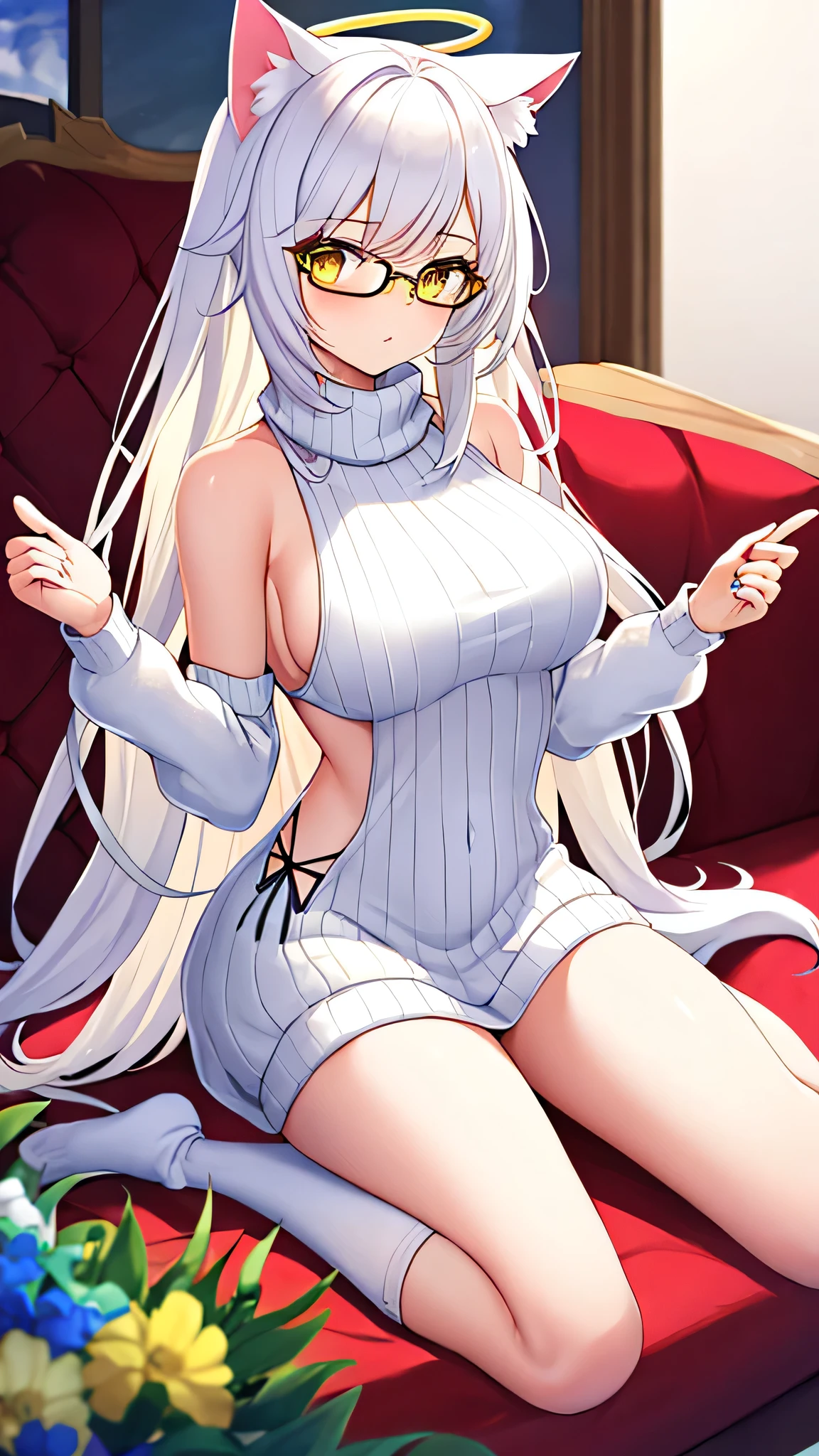 A 20-year-old female angel with long, white hair, yellow eyes, white cat ears, and a yellow halo ring. wearing round glasses white turtleneck halter turtleneck sweater Pure Killer Sweater, Backless, Guernsey, White Dress, Wide White Arm Warmers. white long socks Sitting in goddess pose on the sofa Empty your hands in the scoop.