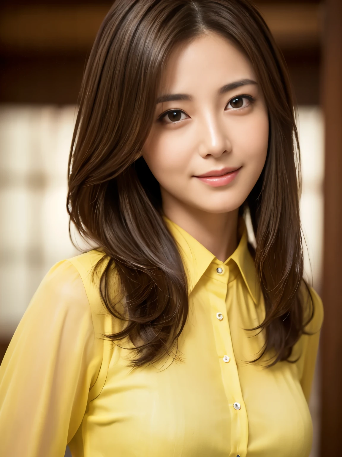 (Raw photo), (Photo realistic), (masterpiece), (highest quality), High resolution, 8K resolution, (Intricate details), (Volumetric Light), Portraiture, woman, Age 35, Medium Hair, Straight Hair, Layered Hair, Brown haired, Highly detailed eyes, Source Order, Very fine eyebrows, Highly detailed skin, Highly detailed mouth, Highly detailed nose, Cute like an idol, Smile, ((Thick lips)), ((Look at the viewers)), (See-through yellow collared dress shirt), Large Breasts, (Bodies facing random directions),