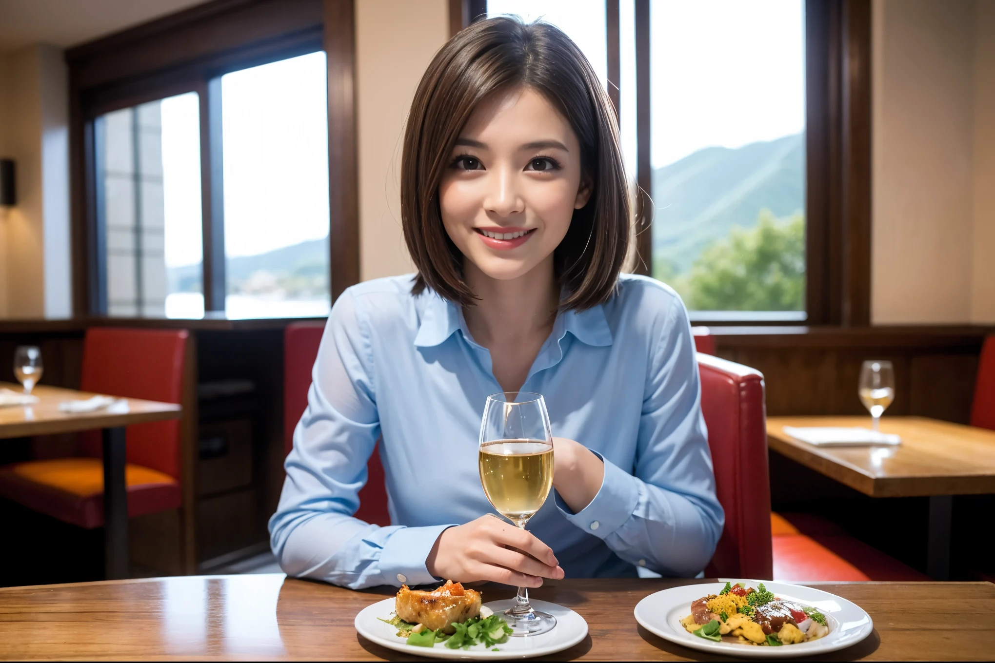 ((highest quality、8k、masterpiece:1.3))、1 male、1 female、Hirose Alice lookalike couple、Spouse、Satomi Ishihara-like beautiful couple、The body is slim、((Bob Hale、Straight hair:1.2)), (Realistic, Intricate details:1.2), テーブルの上のwine glass、Put the light on your face、 Amazing view of the sunset sky and clouds、Amazing mountain views、A bright smile、The wonderfulness of smile、Bright image、The beauty of wine, Beautiful Face, blue eyes, The light shines on your face, Blushing, short hair,Bright Face、 (Age 35), 39 years old, red wine 、Appetizers、Italian food、Wine bottle、Champagne、sparkling wine、Two beauties、Brown Hair、Shortcuts、Long sleeve shirt、dress、Pretty Woman 1, (slimな顔), (The body is slim), (Brown Hair), (Shortcuts), cheeks turn a little red,Attractive beauty、restaurant, In a prominent place (From the waist up) Nova Frog Style, actress, model, Upper Body, White wine, slim, wine glass, 中央に置かれたwine glass, smile, (smile: 1.15), Beautiful fine grain, Depth f/2,saturation, High Contrast, Strong light and shadow,Moist Body:1.5、3D texture、Delicate eyes、Brown Hair、The hair is very shiny、