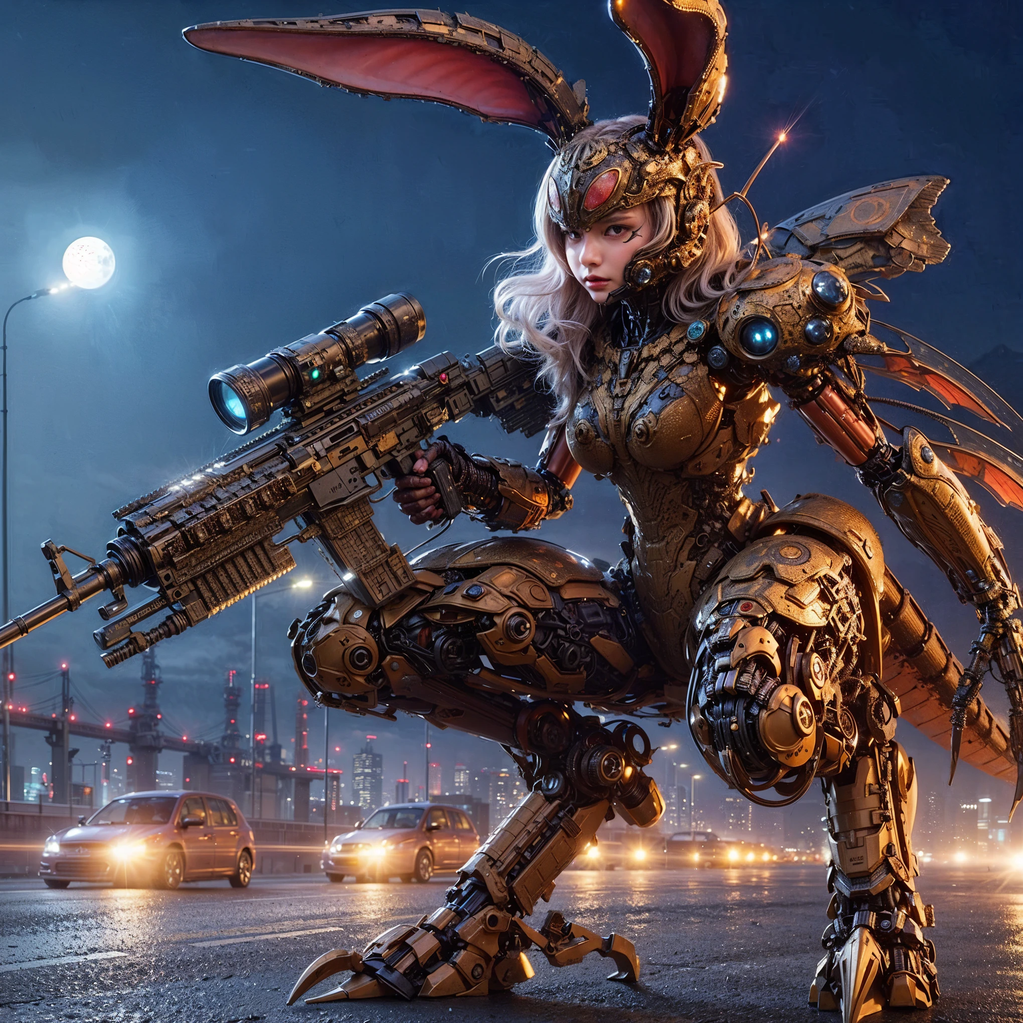 (extremely intricate all details)、(extremely realistic all Texture) 、glossy Texture、Navy blue heavy mechanical armor resembling a pillbug, designed by Hajime Katoki、1 person、Beautiful female soldier、Multi-legged、Heavyweight、Heavy Armor、Firearms、Ultra-realistic、Full Body Shot、Night view of the bayside industrial area、Spotlight lighting to illuminate characters、Please generate at least 4 copies.
