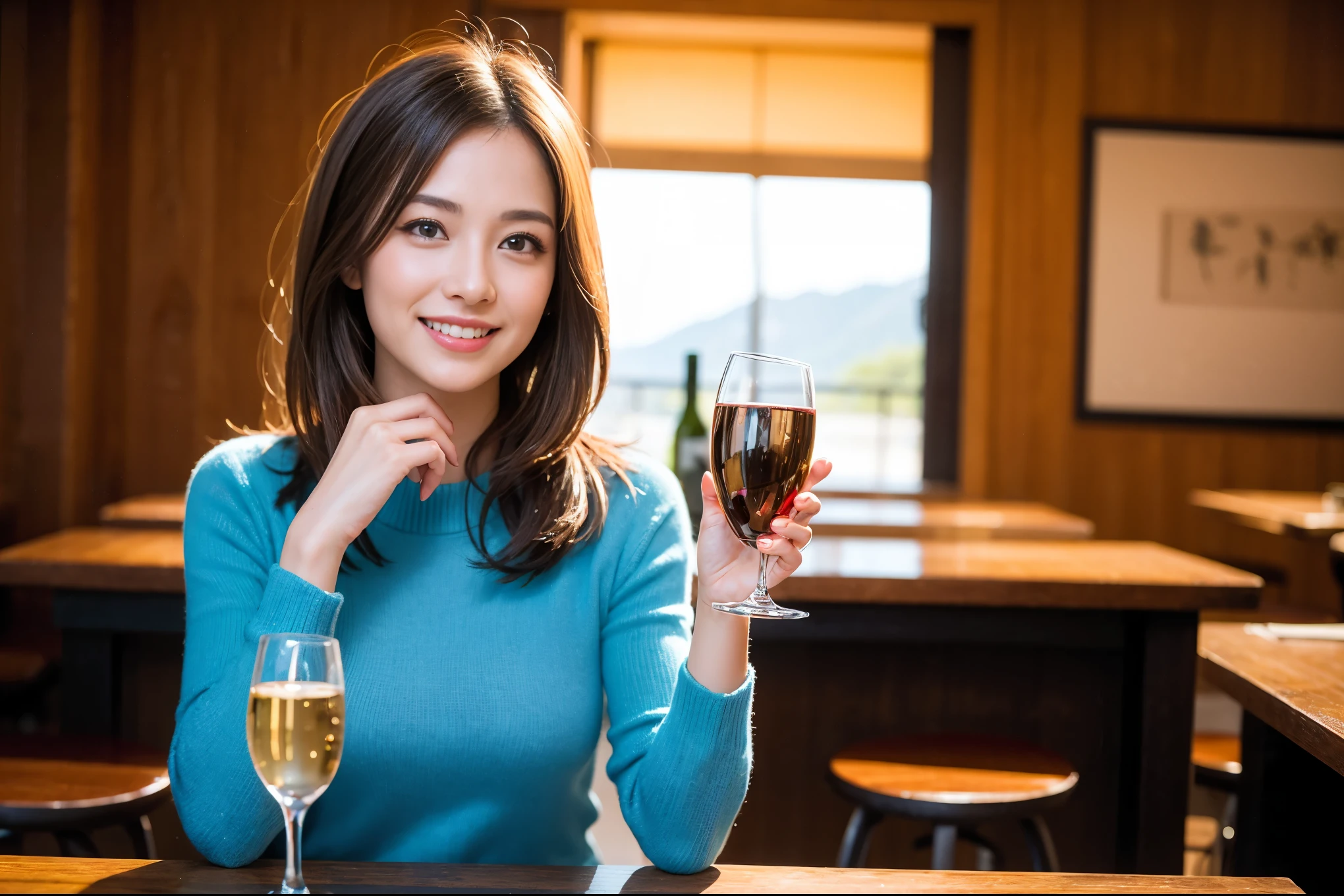 ((highest quality、8k、masterpiece:1.3))、1 male、1 female、Couple、Alice Hirose lookalike、石原さとみ似美女Couple、The body is slim、((Bob Hale、Straight hair:1.2)), (Realistic, Intricate details:1.2), テーブルの上のwine glass、Put the light on your face、 Amazing view of the sunset sky and clouds、Amazing mountain views、A bright smile、The wonderfulness of smile、Bright image、The beauty of wine, Beautiful Face, blue eyes, The light shines on your face, Blushing, short hair,Bright Face、 (Age 35), 39 years old, red wine 、Appetizers、Italian food、Wine bottle、Champagne、sparkling wine、Two beauties、Brown Hair、Shortcuts、Long sleeve shirt、dress、Pretty Woman 1, (slimな顔), (The body is slim), (Brown Hair), (Shortcuts), cheeks turn a little red,Attractive beauty、restaurant, In a prominent place (From the waist up) Nova Frog Style, actress, model, Upper Body, White wine, slim, wine glass, 中央に置かれたwine glass, smile, (smile: 1.15), Beautiful fine grain, Depth f/2,saturation, High Contrast, Strong light and shadow,Moist Body:1.5、3D texture、Delicate eyes、Brown Hair、The hair is very shiny、