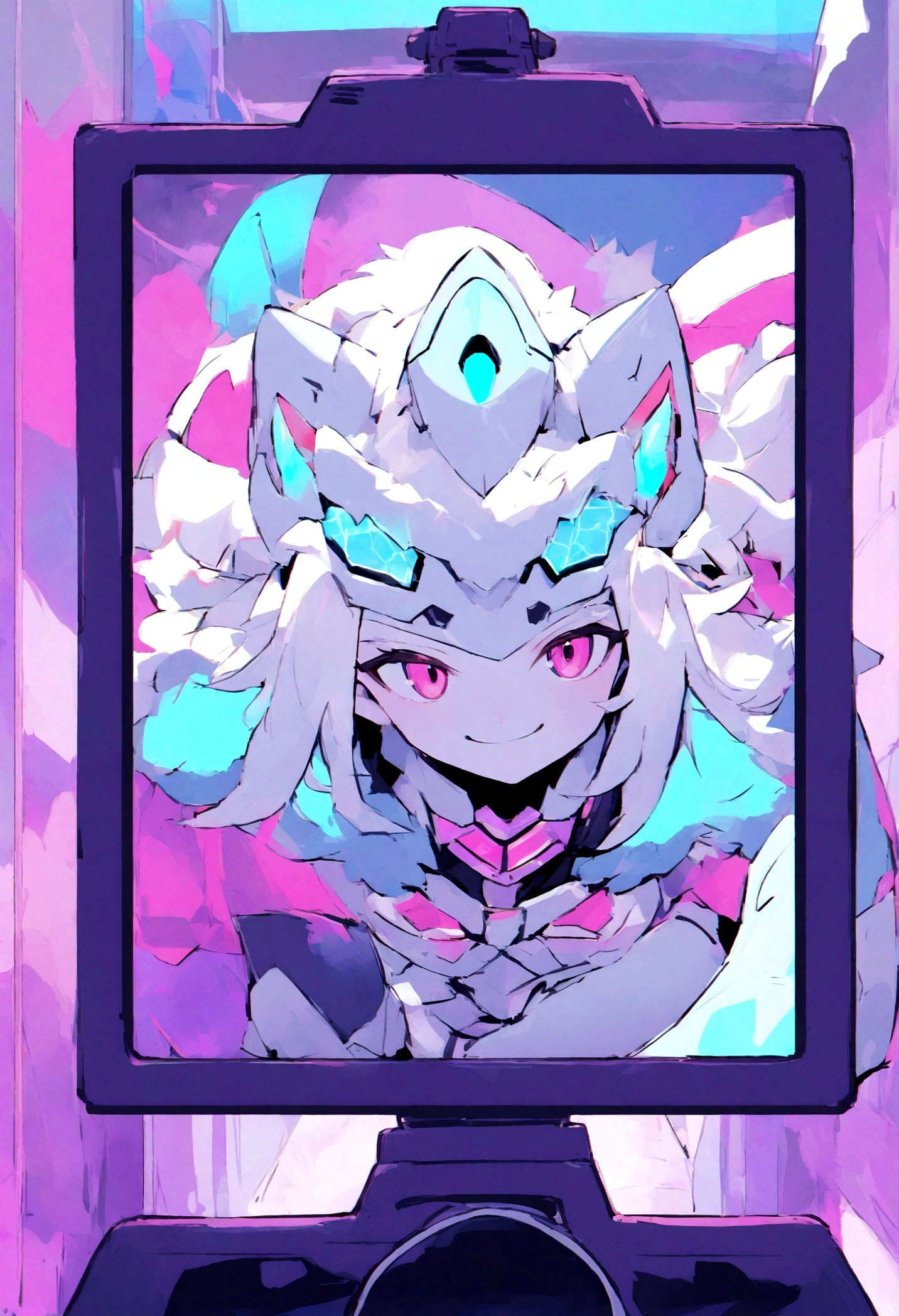 shark protogen, shark tail , smiling screen, neon holographic colour, pastel colours, fluffy white hair, purple black combination, male protogen, close to camera, curious expression, side veiw