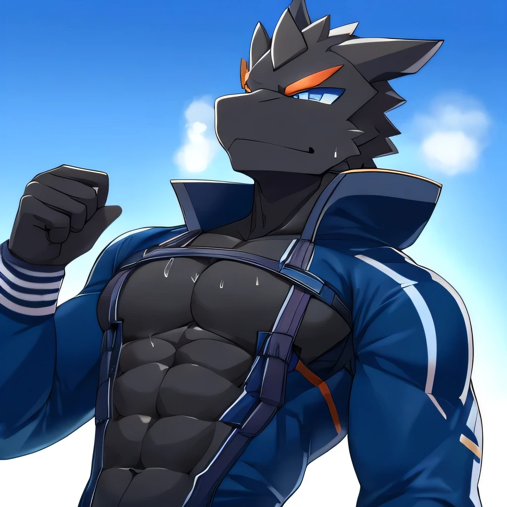 Thin macho　western black dragon　　abs　　　　　Hollow abs　　body suit　　thick arms　　　chest rig　　　、sweaty　　　skin glow　　profile　　Wearily　short of breath　　  　Chemo shota
jacket