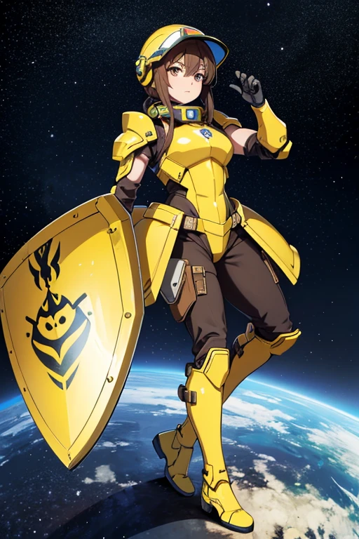 Anime drawings、Full body portrait、Space Sci-Fi Soldier、A female gatekeeper, around 180cm tall and around 37 years old, wearing yellow bulletproof armor and holding a large square shield.、A tense face、He wears a helmet on his head、Brown Hair、Brown eyes、Yellow Boots、Yellow shoulder armor