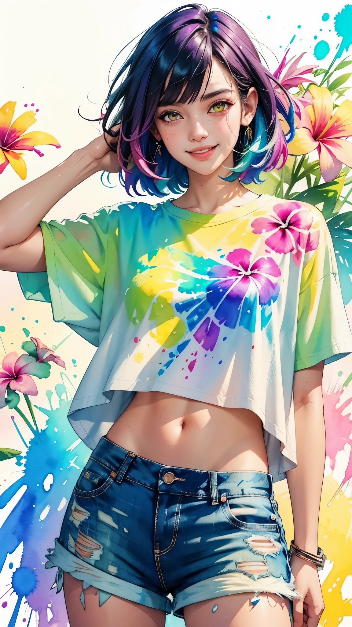 a Plumeria painting with a splatter background and spray paint effect, plumeria flower design t-shirt and jean shorts, upper body centered, multi-color hair, 1 eye closed, big happy smile, watercolor art,  watercolor painting, watercolor painting style, watercolor detailed art, watercolor digital painting, watercolor paint, masterfully detailed watercolor, watercolor art