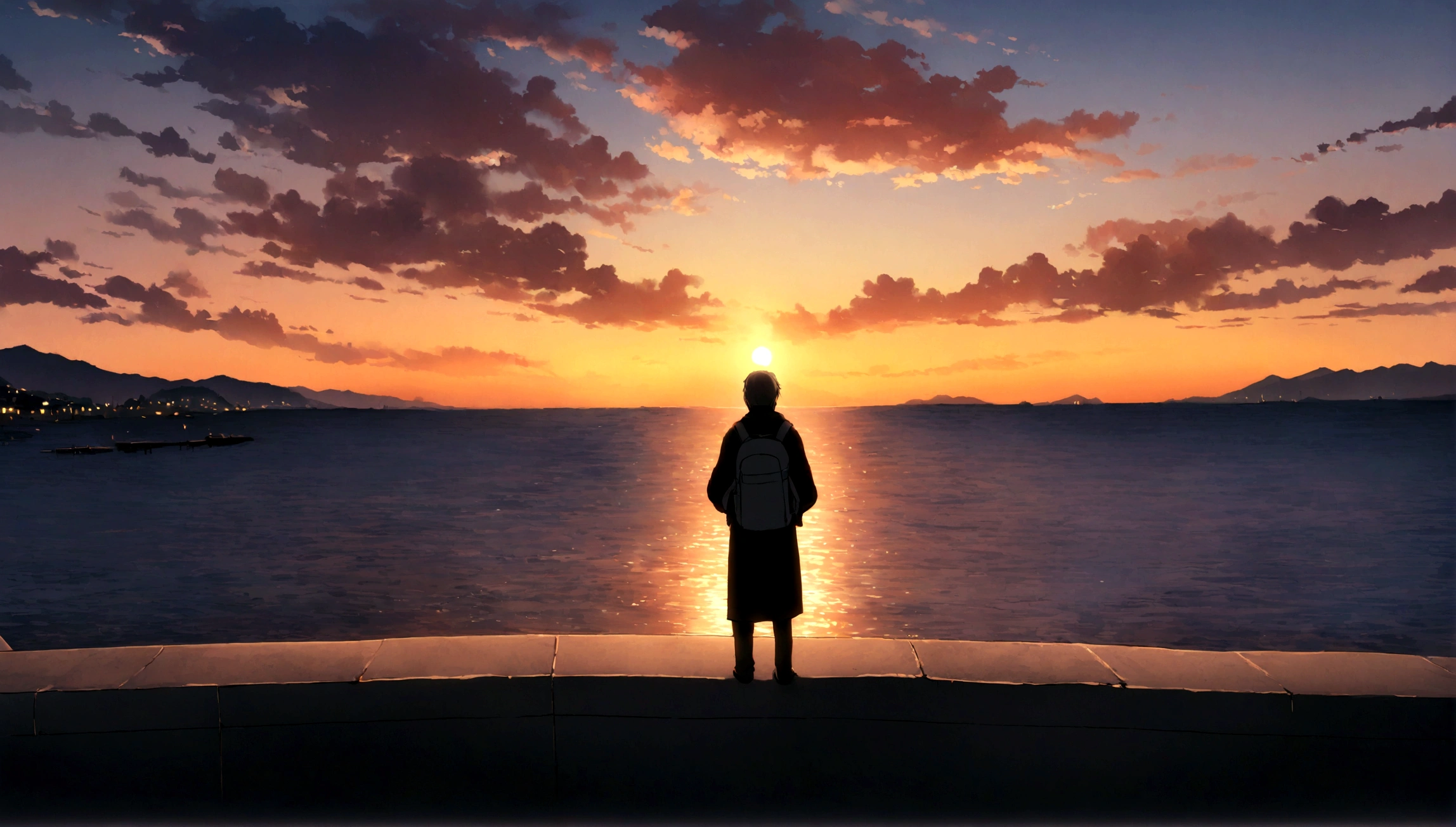 A 50-year-old man standing on a railing overlooking a body of water, As the sun sets, With the sunset, sundown, Watching the beautiful sunset, Early in the morning, looking sundownに, Sunset view, Photo taken on 2 0 2 0, sundownに, Night setting, sunrise, As the sun sinks below the horizon, Beautiful views, With a backpack