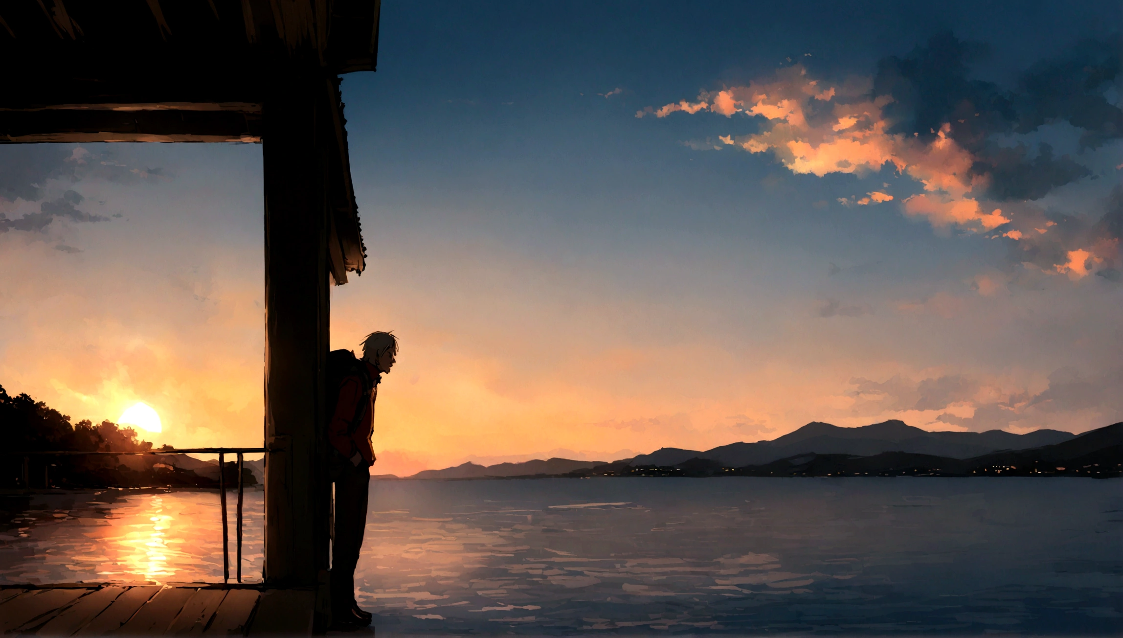 A 50-year-old man standing on a railing overlooking a body of water, As the sun sets, With the sunset, sundown, Watching the beautiful sunset, Early in the morning, looking sundownに, Sunset view, Photo taken on 2 0 2 0, sundownに, Night setting, sunrise, As the sun sinks below the horizon, Beautiful views, With a backpack