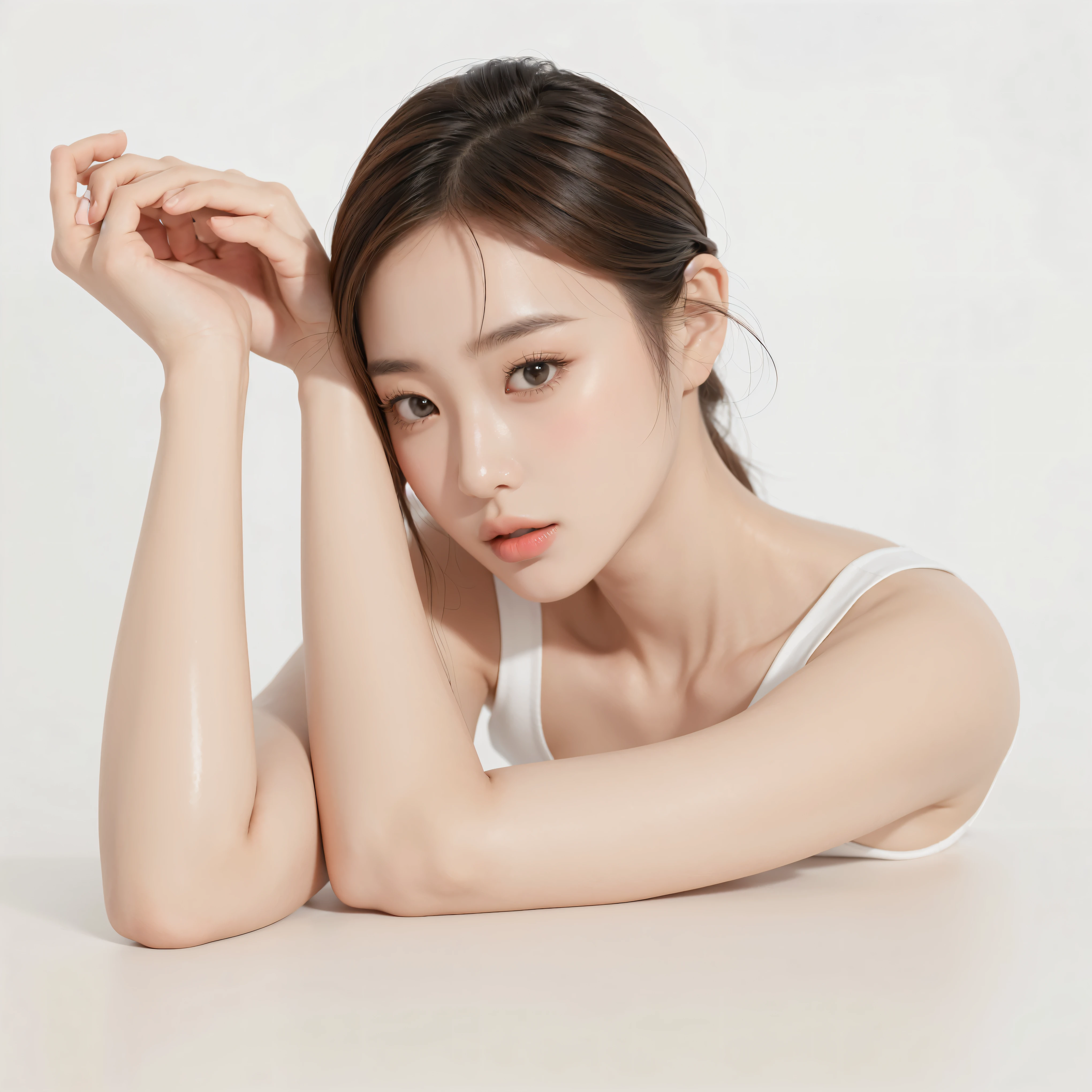 (In reality, high resolution:1.3, masterpiece, 8K, best quality, ultra detailed ),
korean girl, very beautiful face, (photo realistic:1.4), studio shoot, pictorial, photography, realistic eyes, Ultra-Detailed Face, Detailed Lips, normal hand, glossy lips, glossy face, simple background.