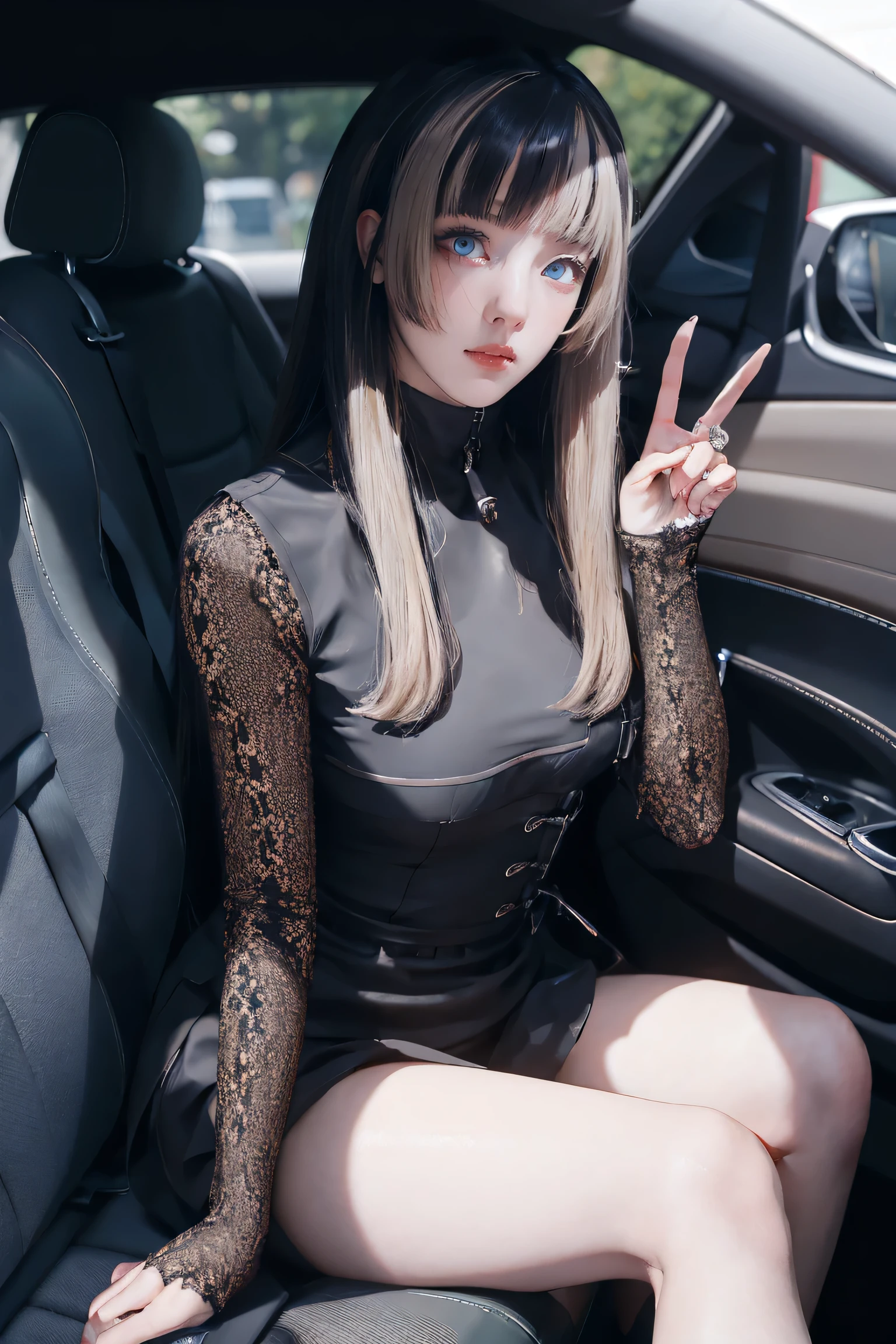 ((NSFW:0.8)))、masterpiece,highest quality,High resolution,Very detailed,(( Perfect Fingers )) , Accurate human body、The perfect human body、The most beautiful face, True to the human body、Correct five-finger、The perfect human body、Knowledgeable person、Highly detailed face and skin texture、Natural neck length、(beautiful Hands)、beautiful, length, Thin legs、A perfect and beautiful human body、Beautiful straight hair、 (Sexy pose)、Heavy breathing , (Super big boobs), (((Safe and secure、safety sensor、Absolutely safe、safety)))、Luxury car interiors、 (bitch Gyaru Makeup, gyaru fashion uniform) (((Background Blur)))、 woman、Sitting in the back seat,Place your hands between your thighs
