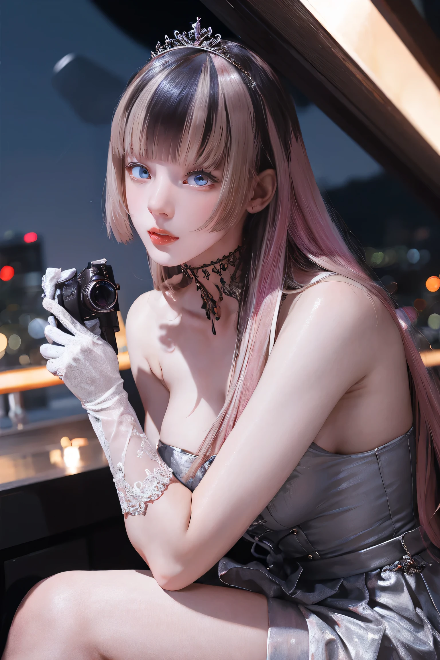 ((NSFW:0.8)))、girl, Silver and pink uniform, Pink Hair, Wear a tiara, Wear gloves, detailed hand, Round face, detailed face, Lips parted, Photo from torso to knees, Sexy pose, Large Breasts, Looking at the camera, Camera top to bottom, detailed, Realistic, highest quality, Night sky background