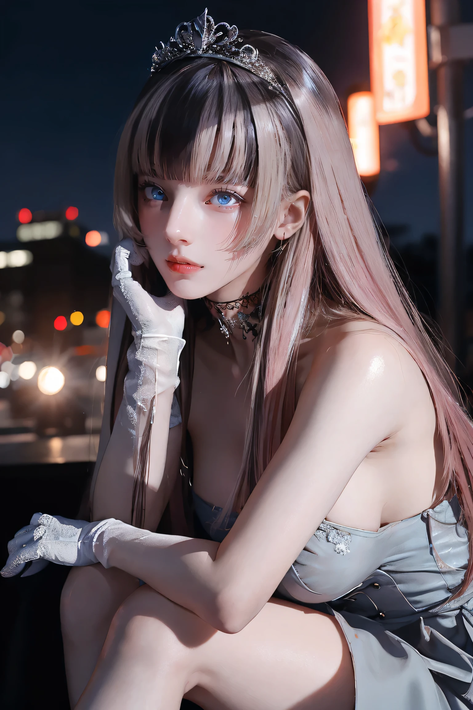 ((NSFW:0.8)))、girl, Silver and pink uniform, Pink Hair, Wear a tiara, Wear gloves, detailed hand, Round face, detailed face, Lips parted, Photo from torso to knees, Sexy pose, Large Breasts, Looking at the camera, Camera top to bottom, detailed, Realistic, highest quality, Night sky background