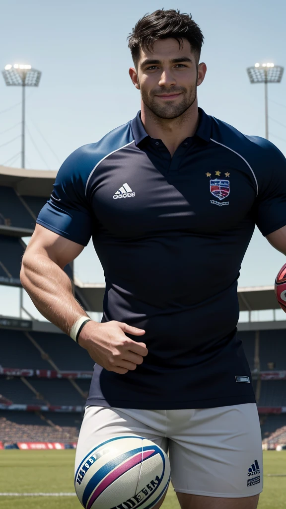 1 pale man rugby player ,Full body, smile, rugby player, sport pants, rugby tight esportive uniform, Black hair fade , blue alluring large eyes, European 40yo man, (High shadow detail), wearing Calvin Klein rugby brands uniform, muscular chest, strong long legs, left neck tattoo, large mouth, Wide shoulders, nice detailed hands thumbs-up, field background 